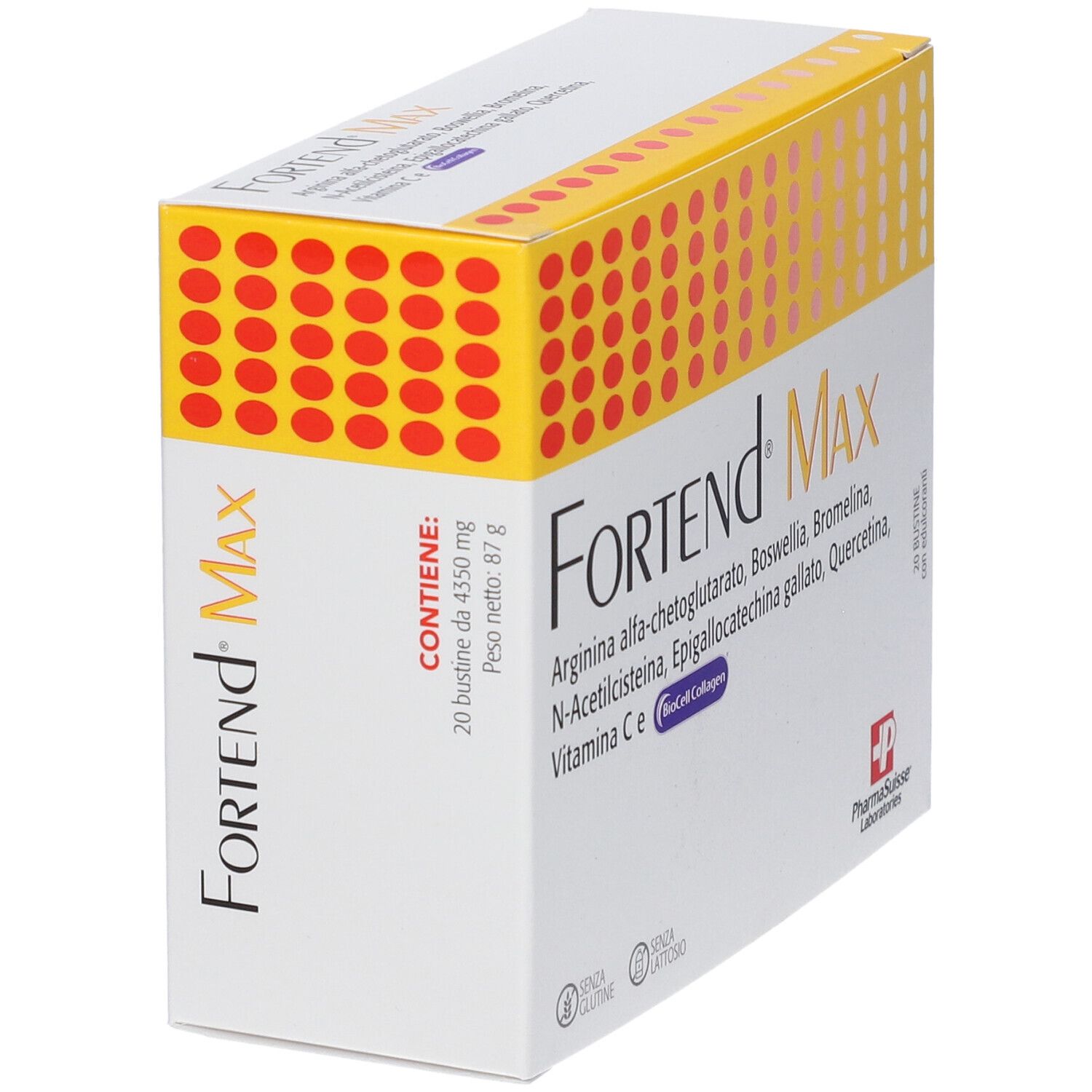 Scatola FORTEND Max. Contiene: Arginina, Boswellia, Bromelina, N-Acetilcisteina, Epigallocatechina gallato, Quercetina, Vitamina C e. Contiene 20 bustine.