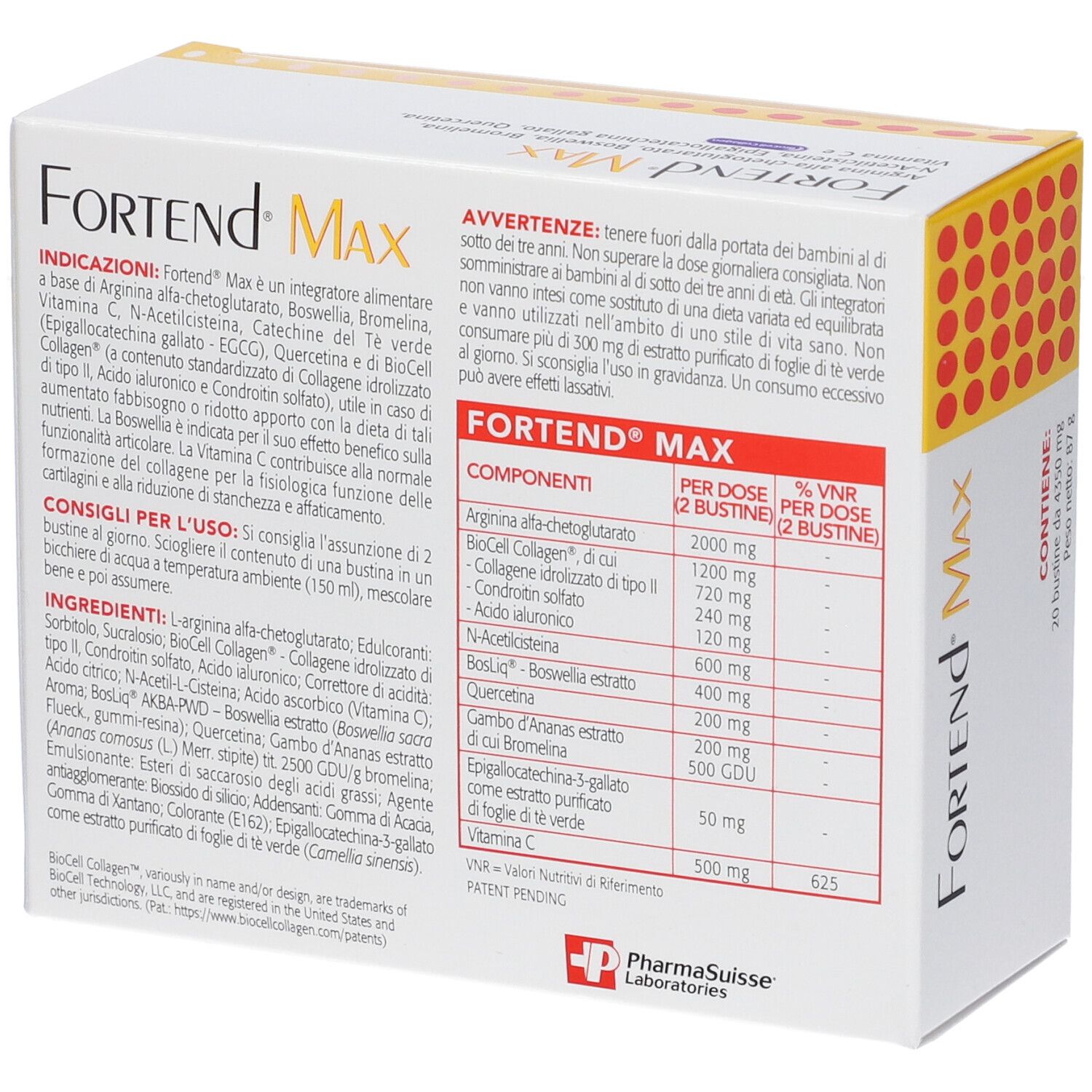 Retro della confezione FORTEND Max. Contiene elenco ingredienti e informazioni nutrizionali. PharmaSuisse Laboratories.