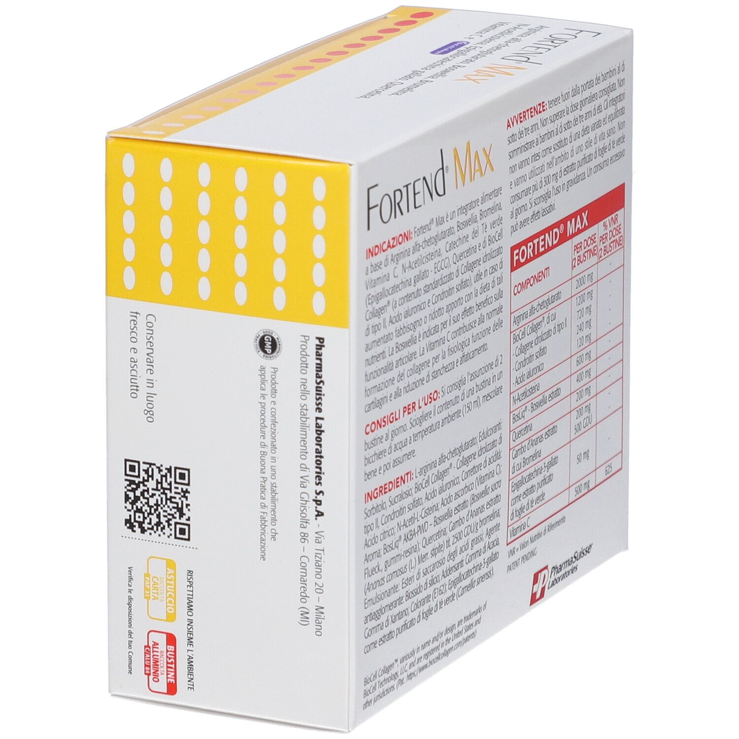 Vista laterale della confezione FORTEND Max. Contiene testo e codice QR. PharmaSuisse Laboratories.