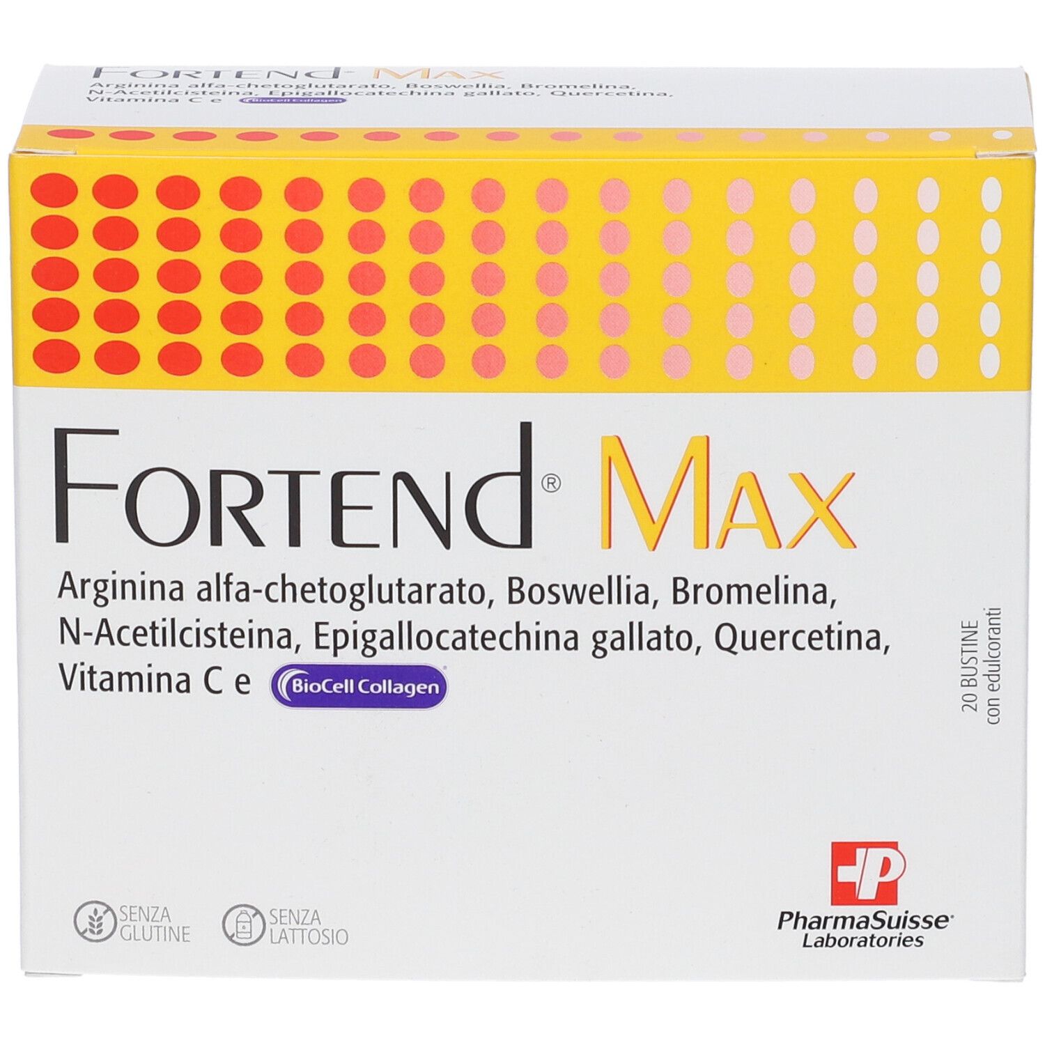 Scatola FORTEND Max. Contiene: Arginina, Boswellia, Bromelina, N-Acetilcisteina, Epigallocatechina gallato, Quercetina, Vitamina C e. 20 bustine.