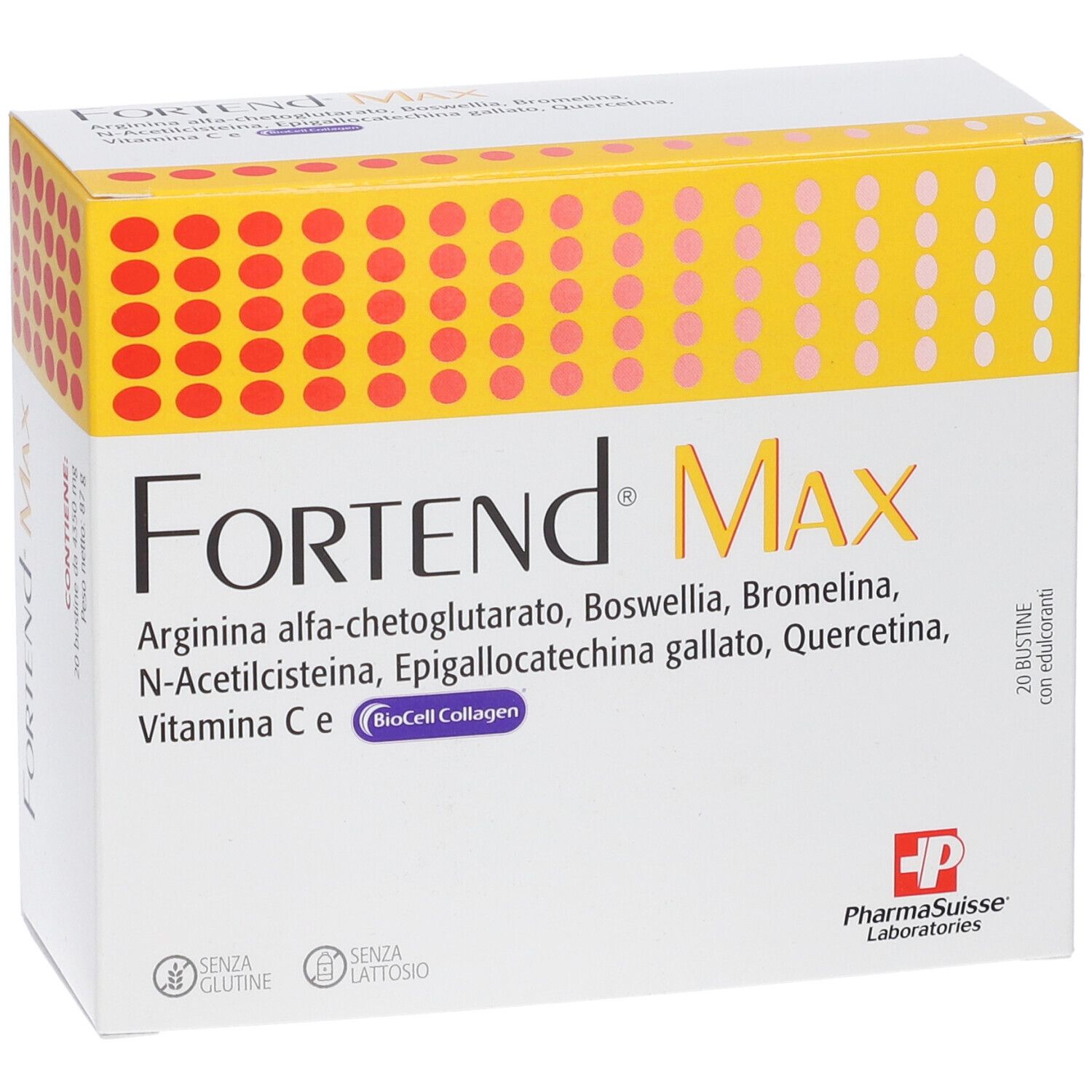 Scatola FORTEND Max. Contiene: Arginina, Boswellia, Bromelina, N-Acetilcisteina, Epigallocatechina gallato, Quercetina, Vitamina C e. 20 bustine.