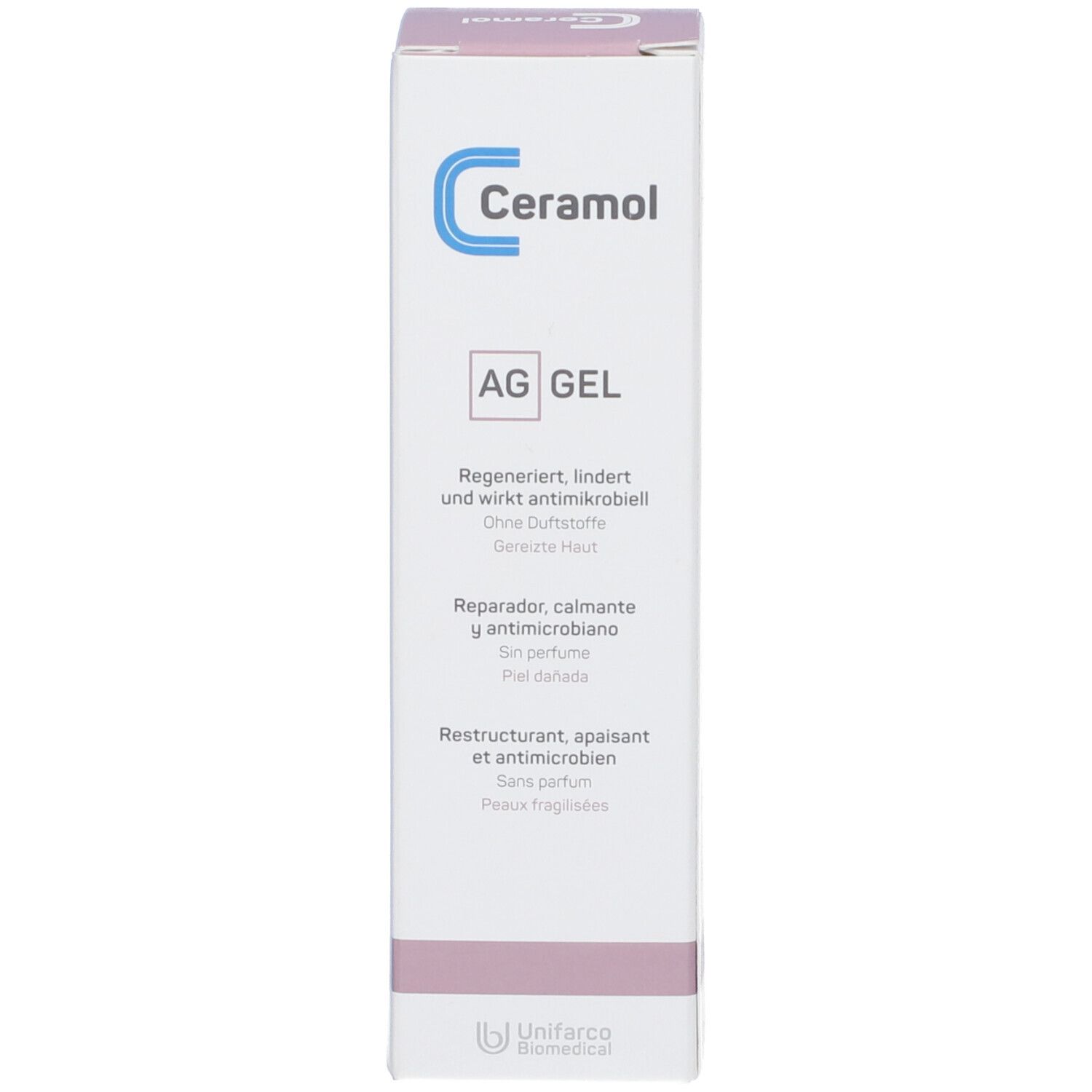 Confezione del prodotto. Stampa: logo Ceramol, AG GEL, informazioni prodotto. Colori: bianco e lilla. Produttore: Unifarco Biomedical.