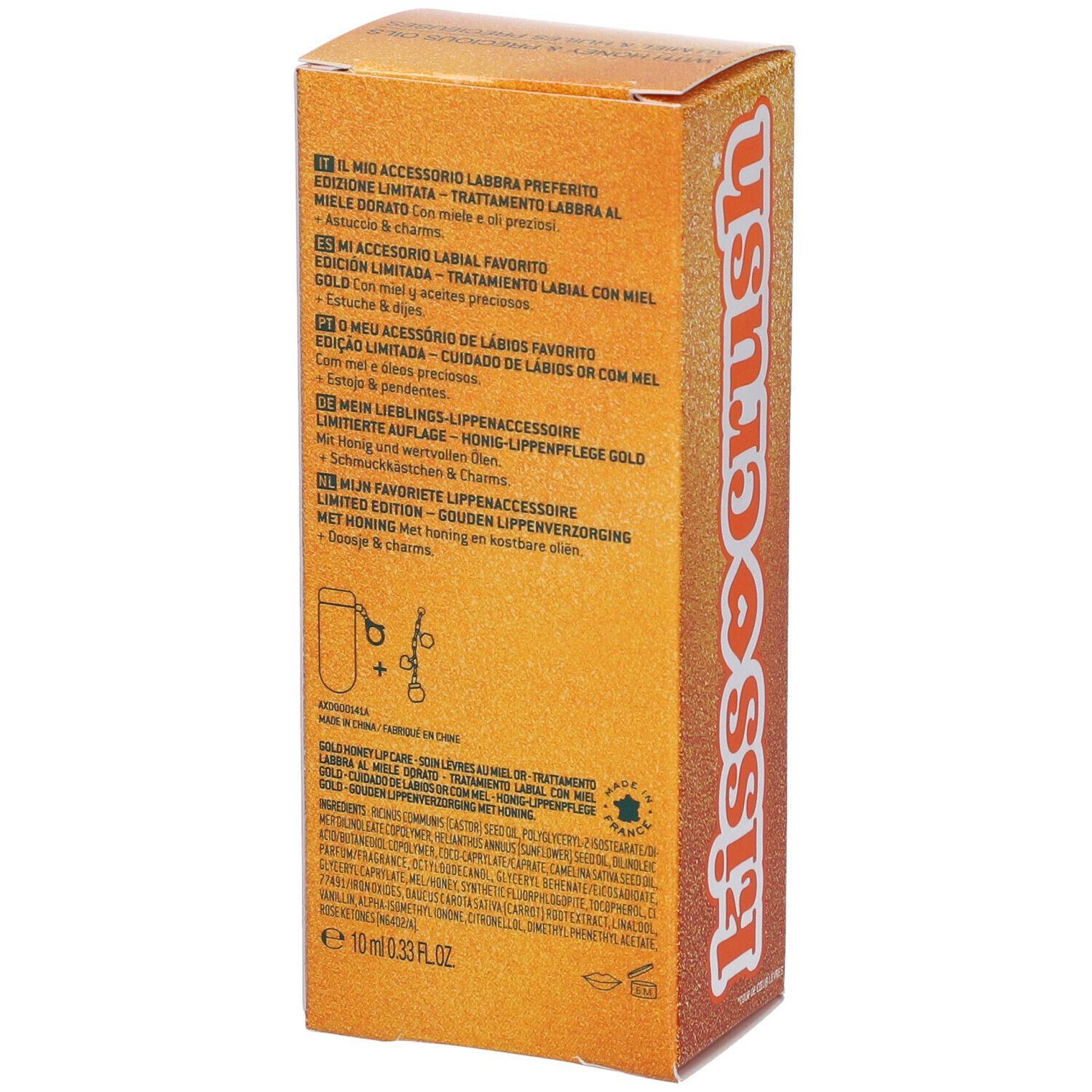 Retro della confezione con informazioni prodotto multilingue e lista ingredienti.