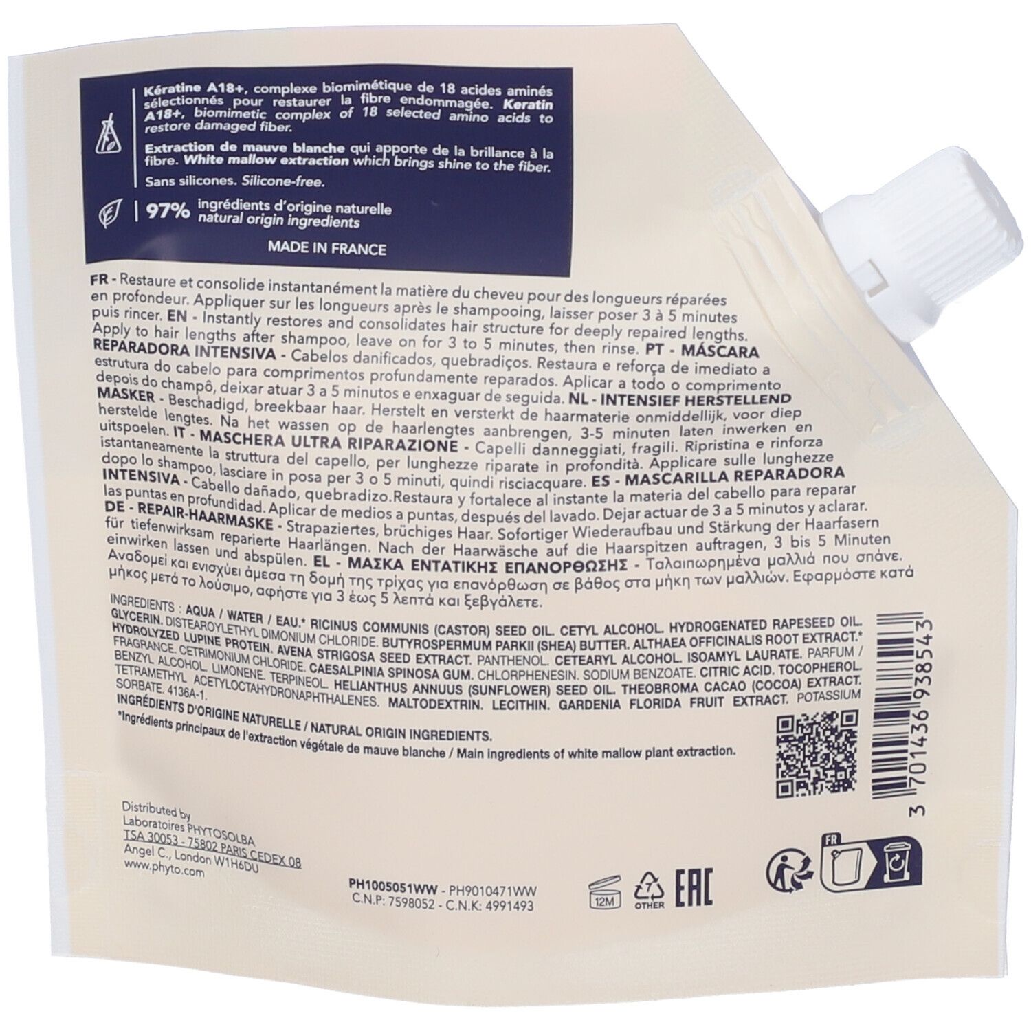 Retro busta Phyto Paris Repair Mask. Testo multilingue. Contiene ingredienti e istruzioni.