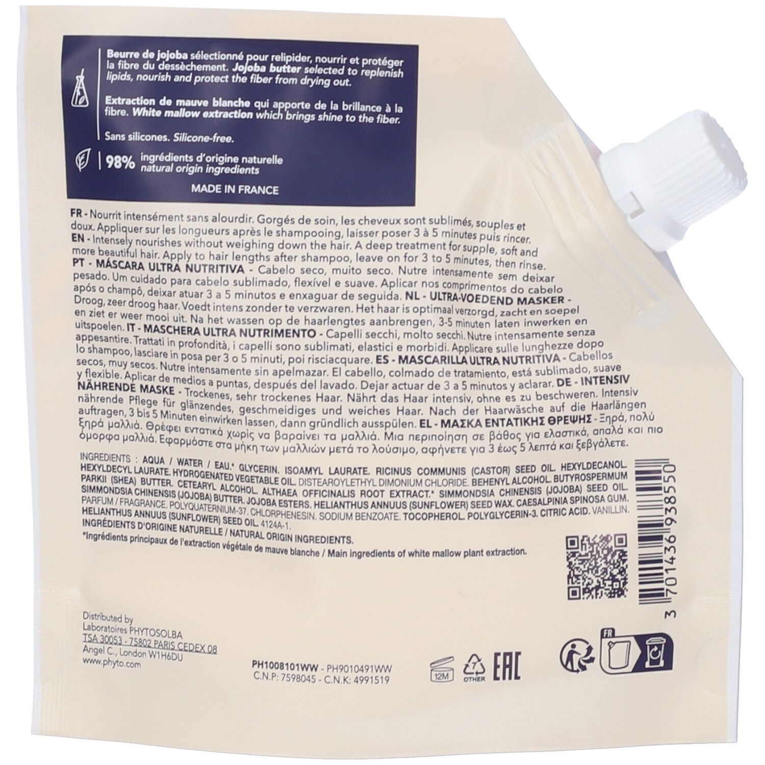 Retro della confezione della maschera per capelli. Testo multilingue. Ingredienti e informazioni del produttore.