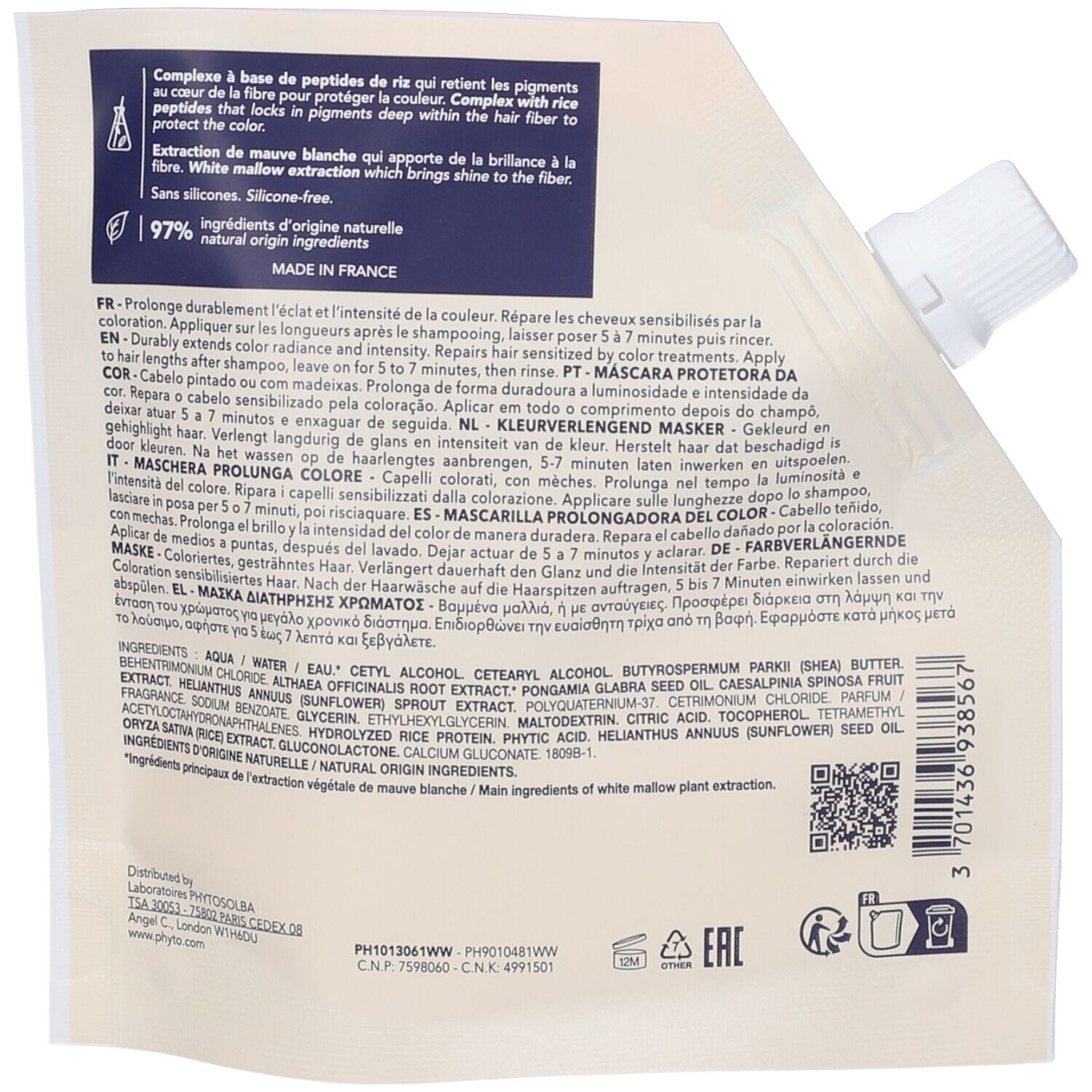 Retro della confezione "Phyto Paris Color Mask". Testo multilingue. Ingredienti e codice QR.