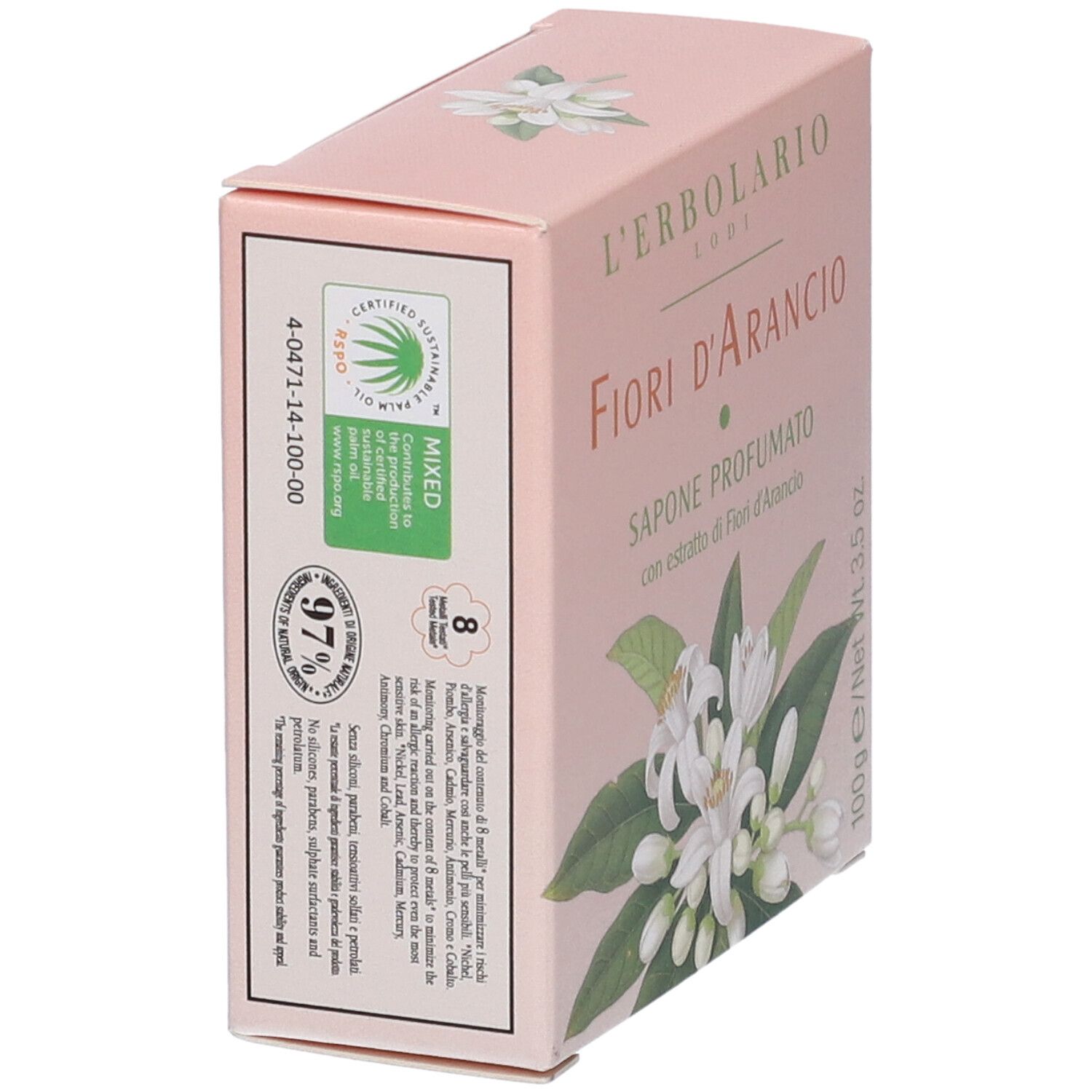 Sapone L'Erbolario Fiori d'Arancio, 100g. Retro della confezione rosa con certificazioni.