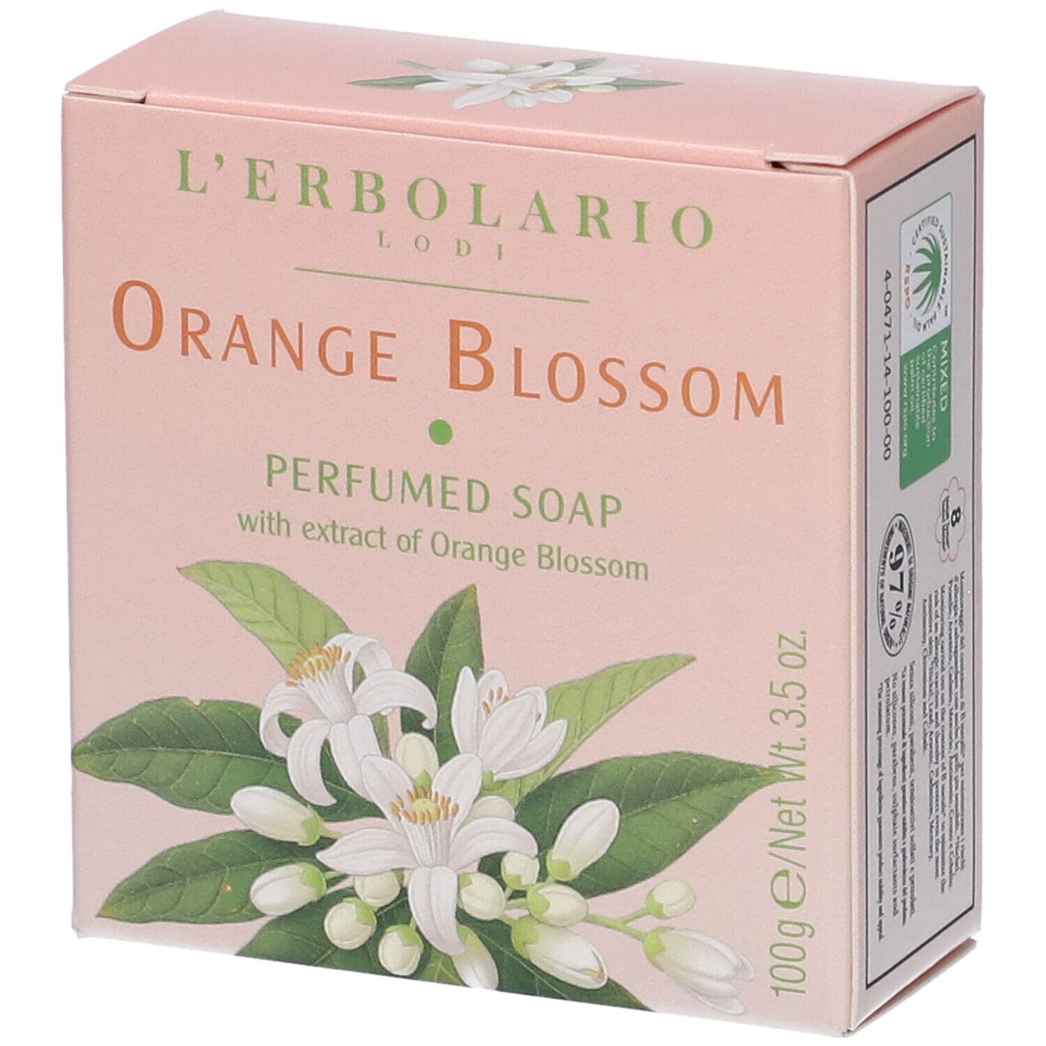 Sapone L'Erbolario Orange Blossom, 100g. Confezione rosa con illustrazione di fiori d'arancio.