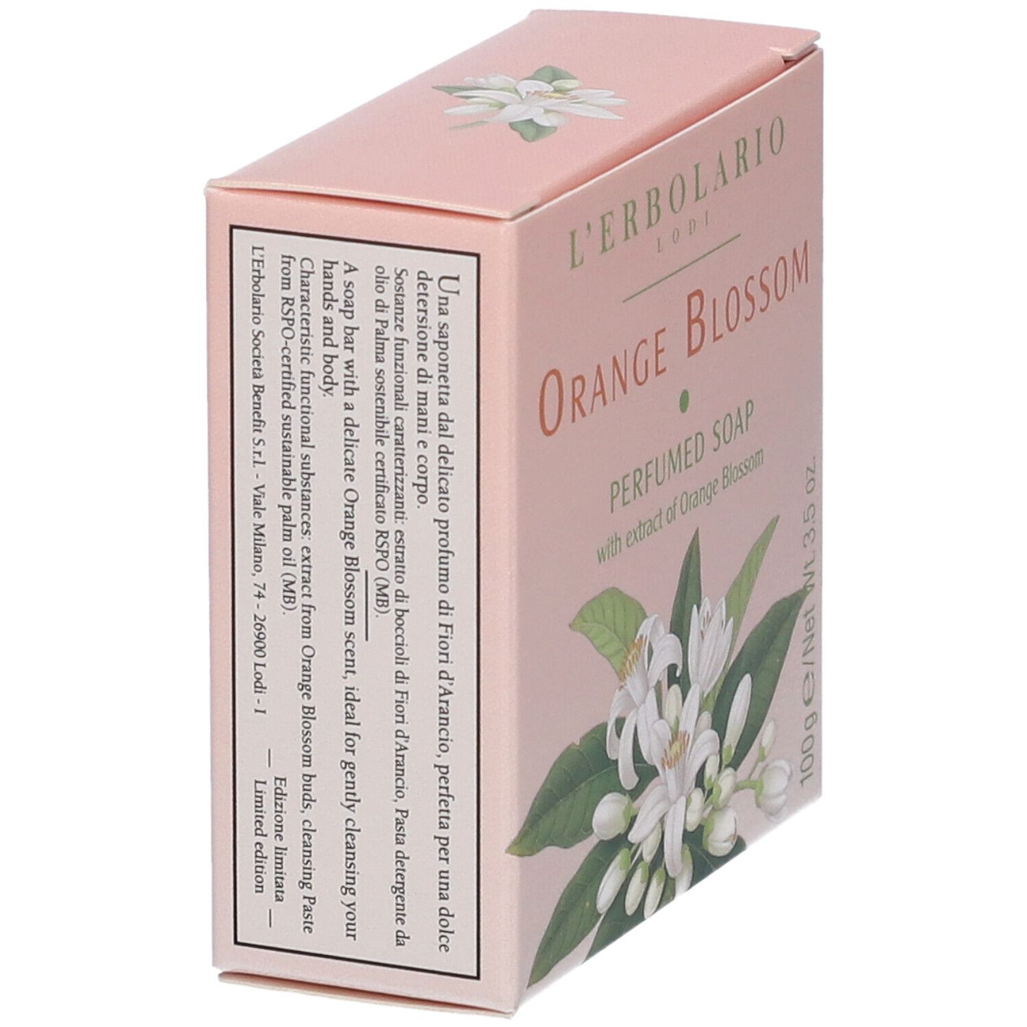 Sapone L'Erbolario Orange Blossom, 100g. Lato della confezione rosa con informazioni sul prodotto.
