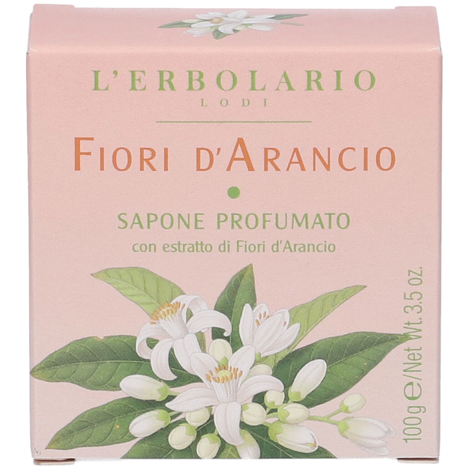 Sapone L'Erbolario Fiori d'Arancio, 100g. Confezione rosa con illustrazione di fiori d'arancio.