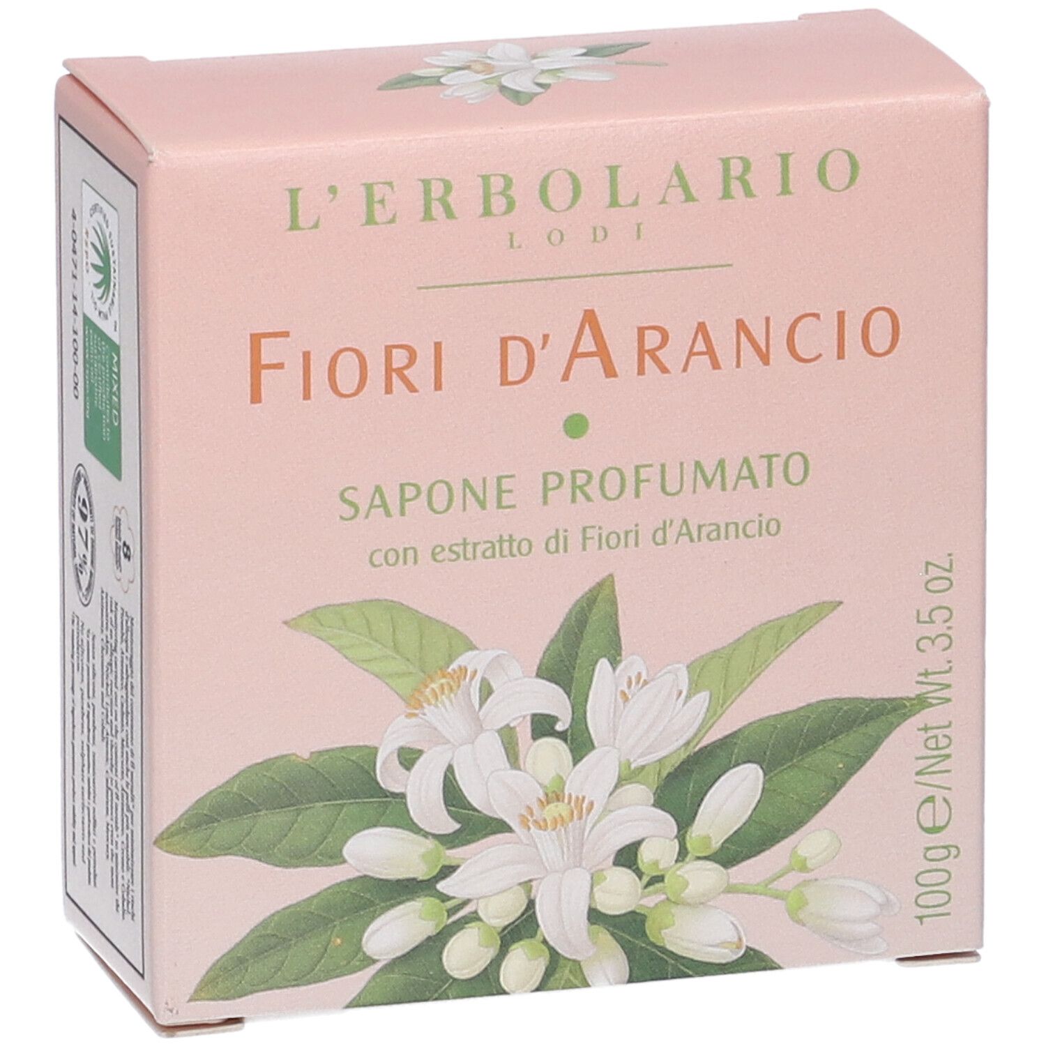 Sapone L'Erbolario Fiori d'Arancio, 100g. Confezione rosa con illustrazione di fiori d'arancio.