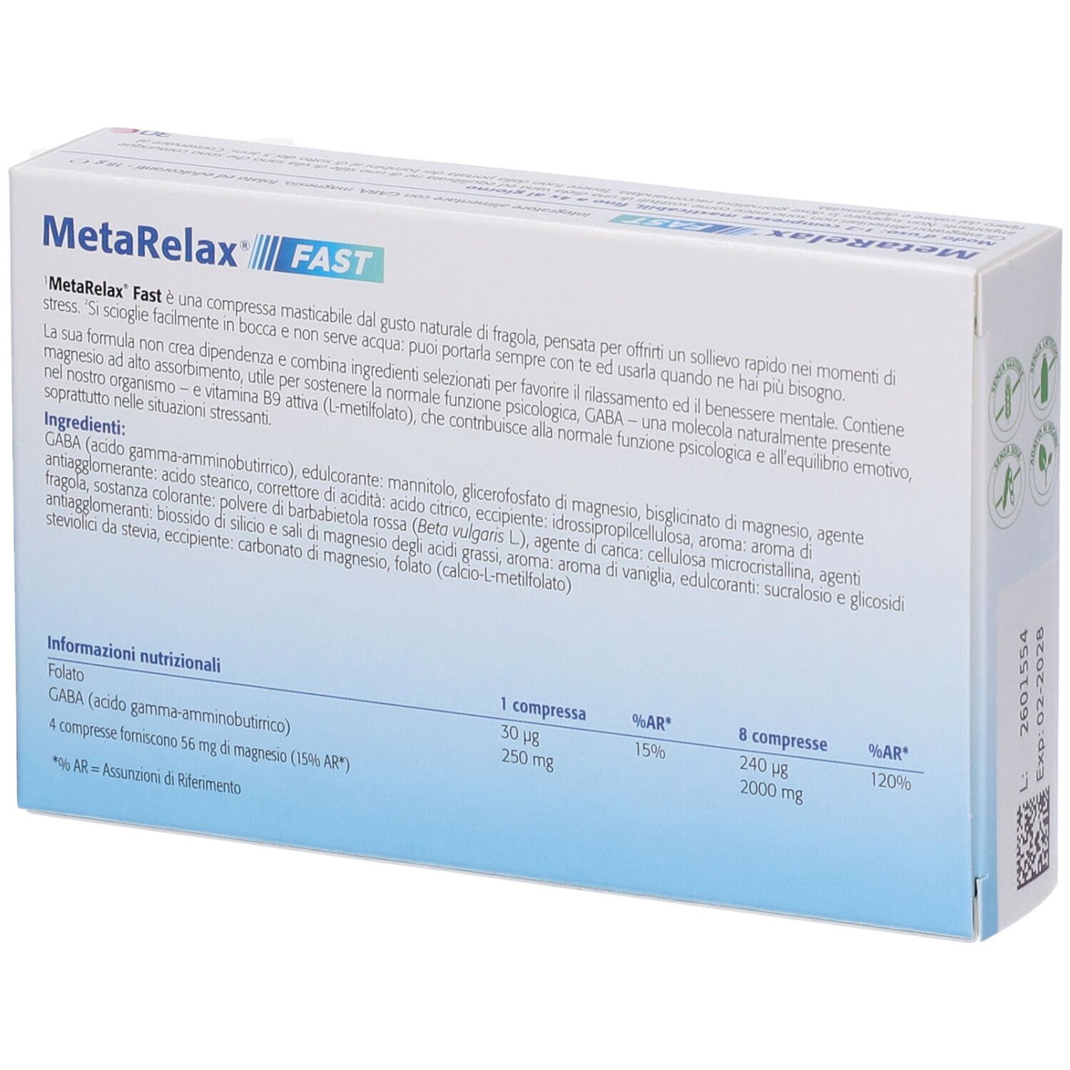 Retro della confezione Metarelax Fast con elenco ingredienti e informazioni nutrizionali.