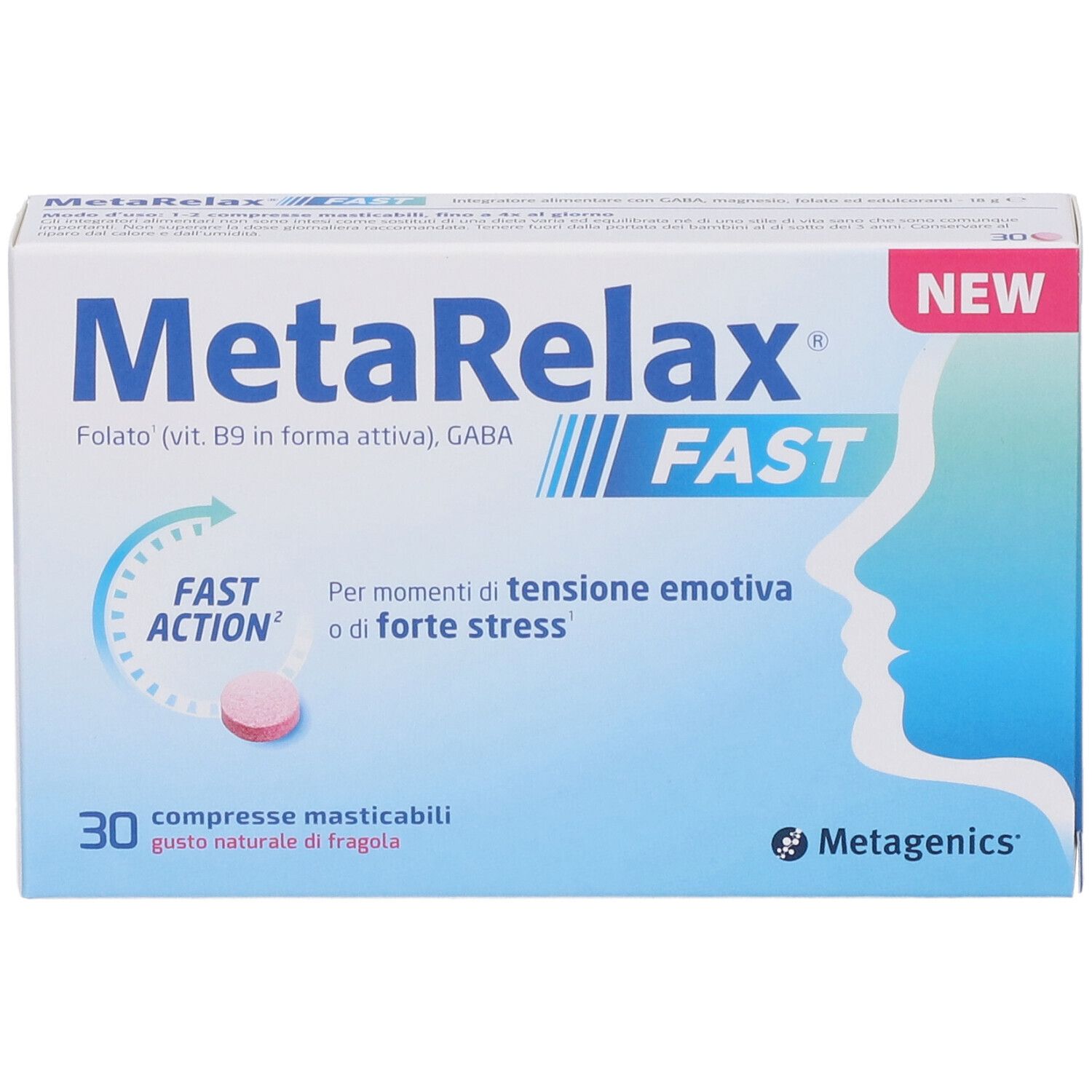 Confezione di Metarelax Fast, 30 compresse masticabili, gusto fragola.