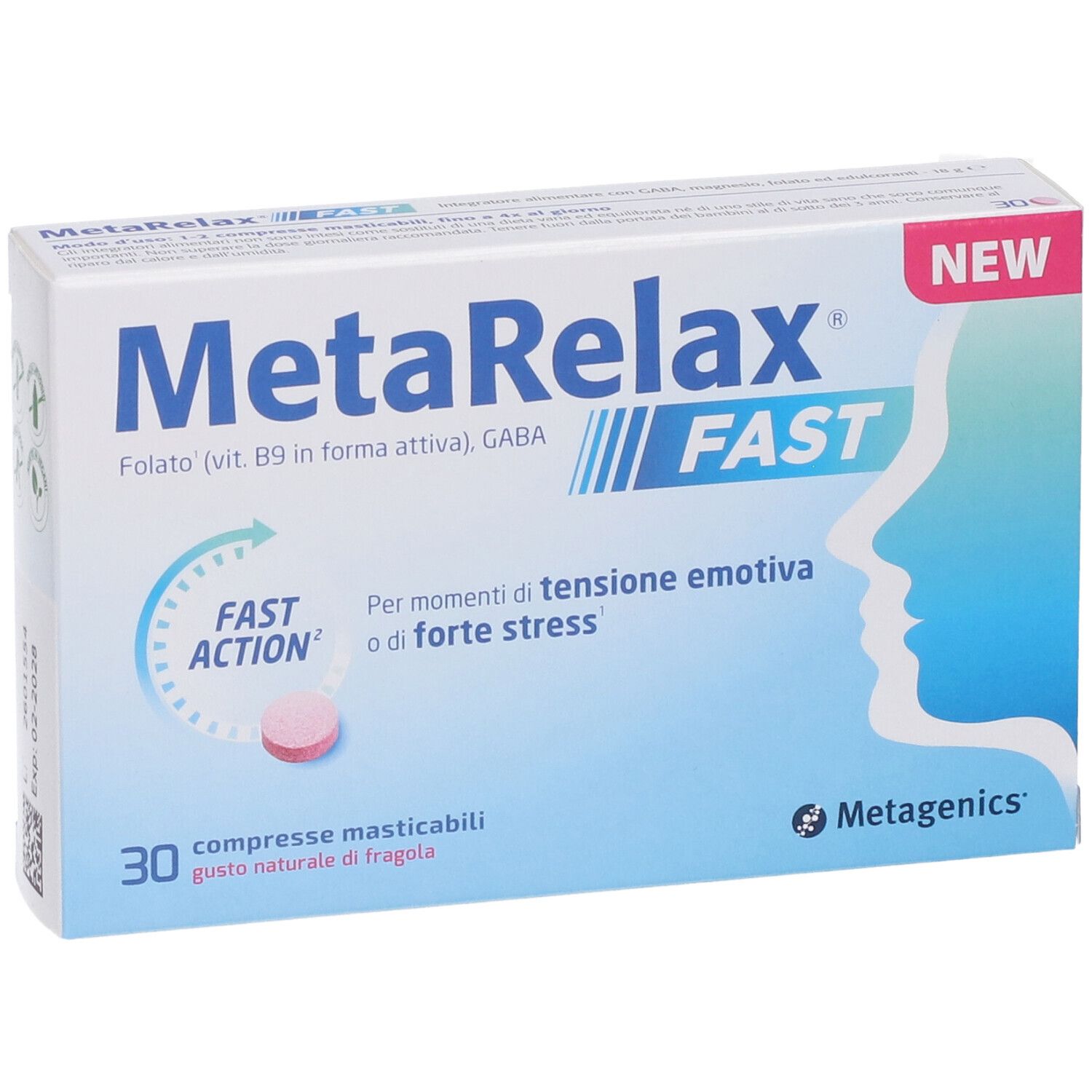 Confezione di Metarelax Fast, 30 compresse masticabili, gusto fragola.