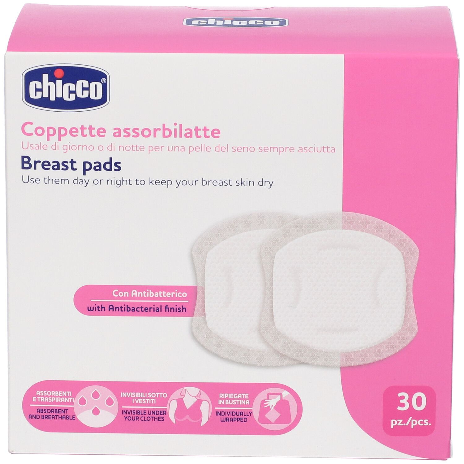 Coppette assorbilatte Chicco, 30 pezzi, con finitura antibatterica.