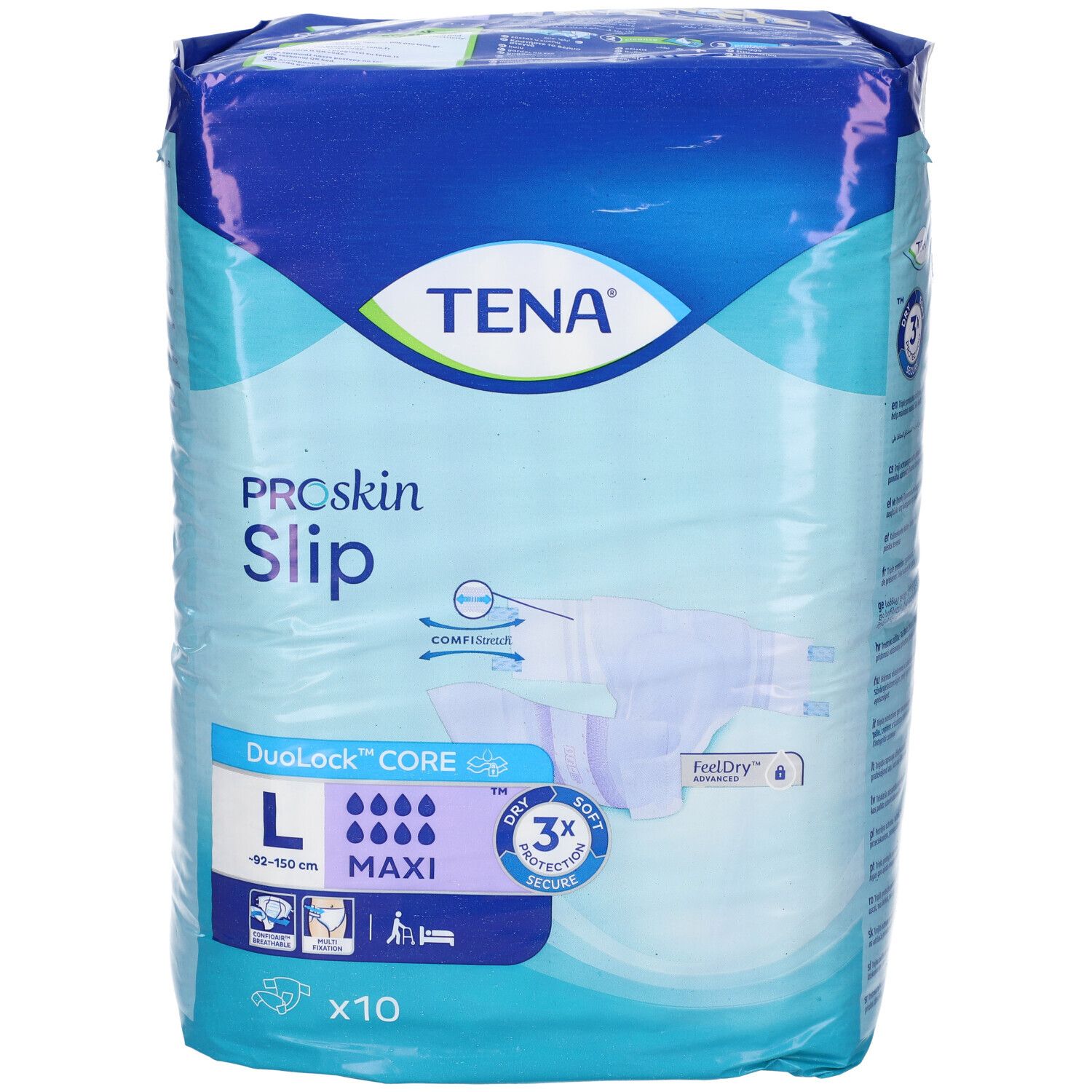 TENA PROSKIN SLIP Maxi L pannoloni, 10 pezzi, fronte con dettagli.
