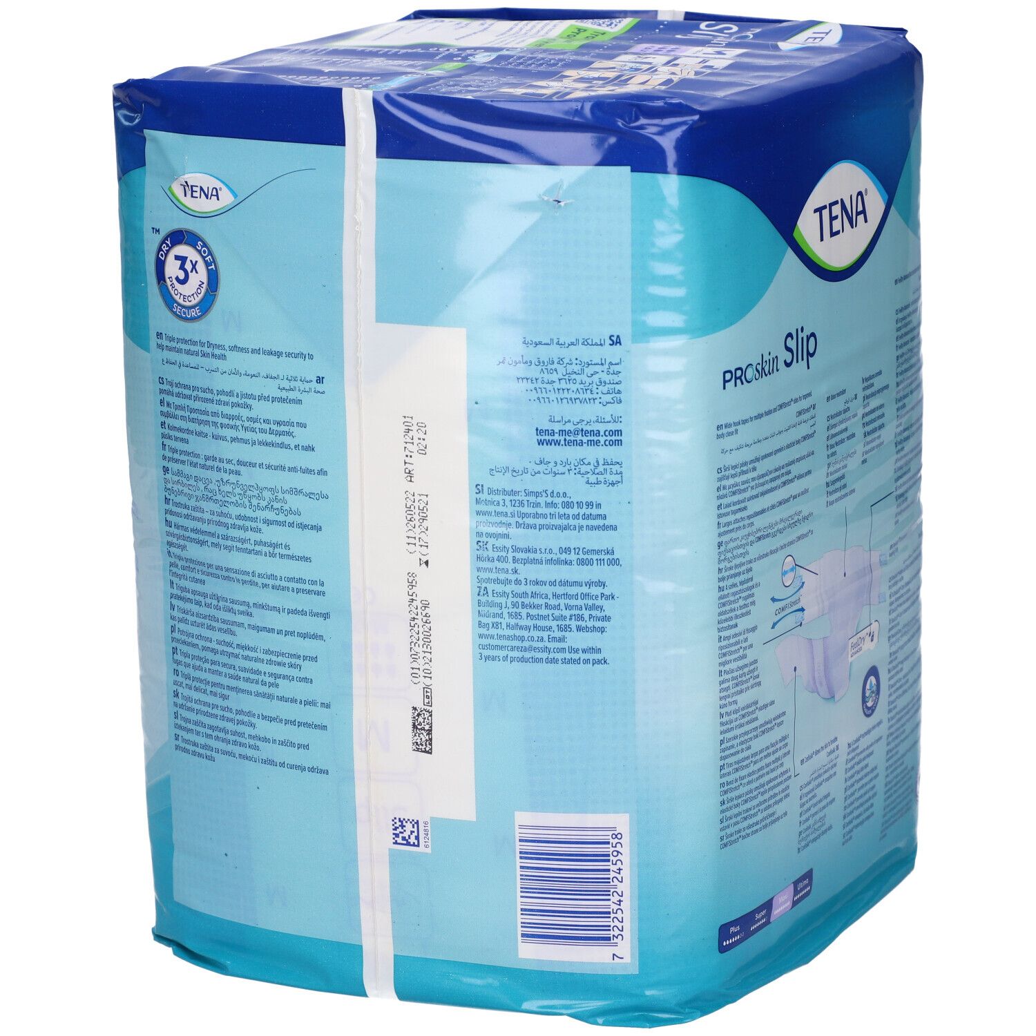 Vista laterale pannolino Tena ProSkin Slip Maxi, taglia M, 10 pezzi. Con codice a barre e info prodotto.