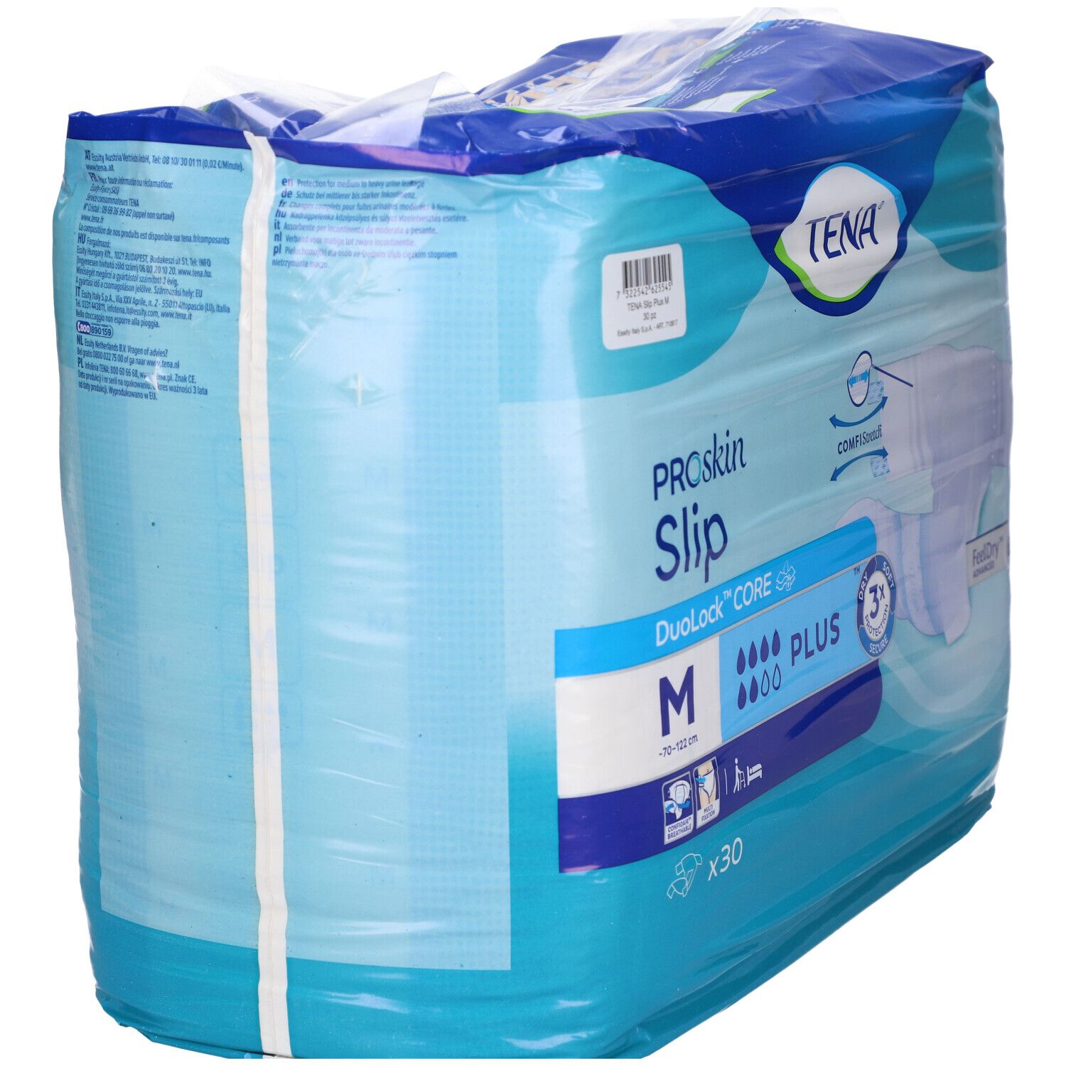 Tena ProSkin Slip Plus, taglia M, 30 pezzi. Retro della confezione con informazioni sul prodotto.