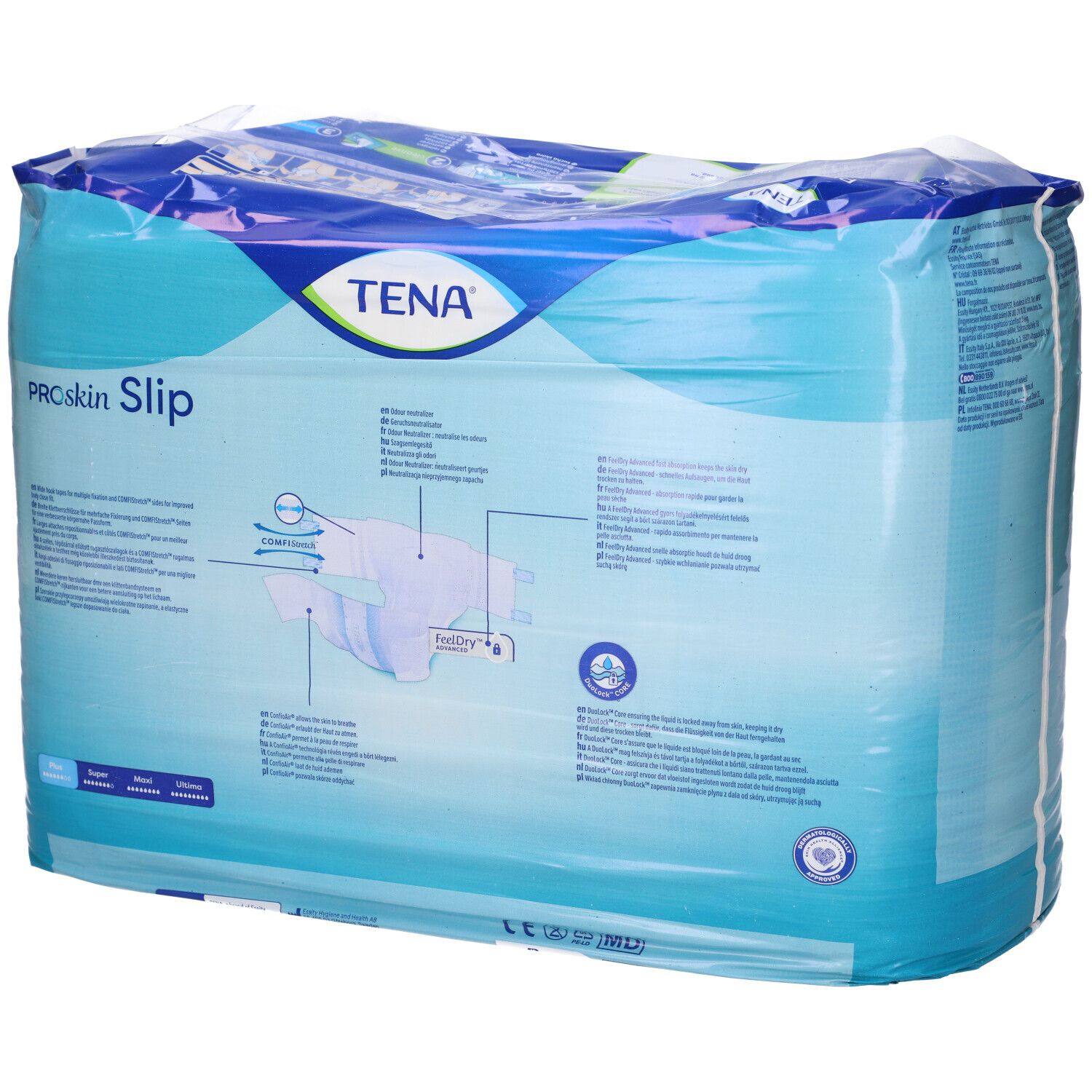 Tena ProSkin Slip Plus, taglia M, 30 pezzi. Confezione con vista dettagliata dell'assorbente e icone tecnologiche.