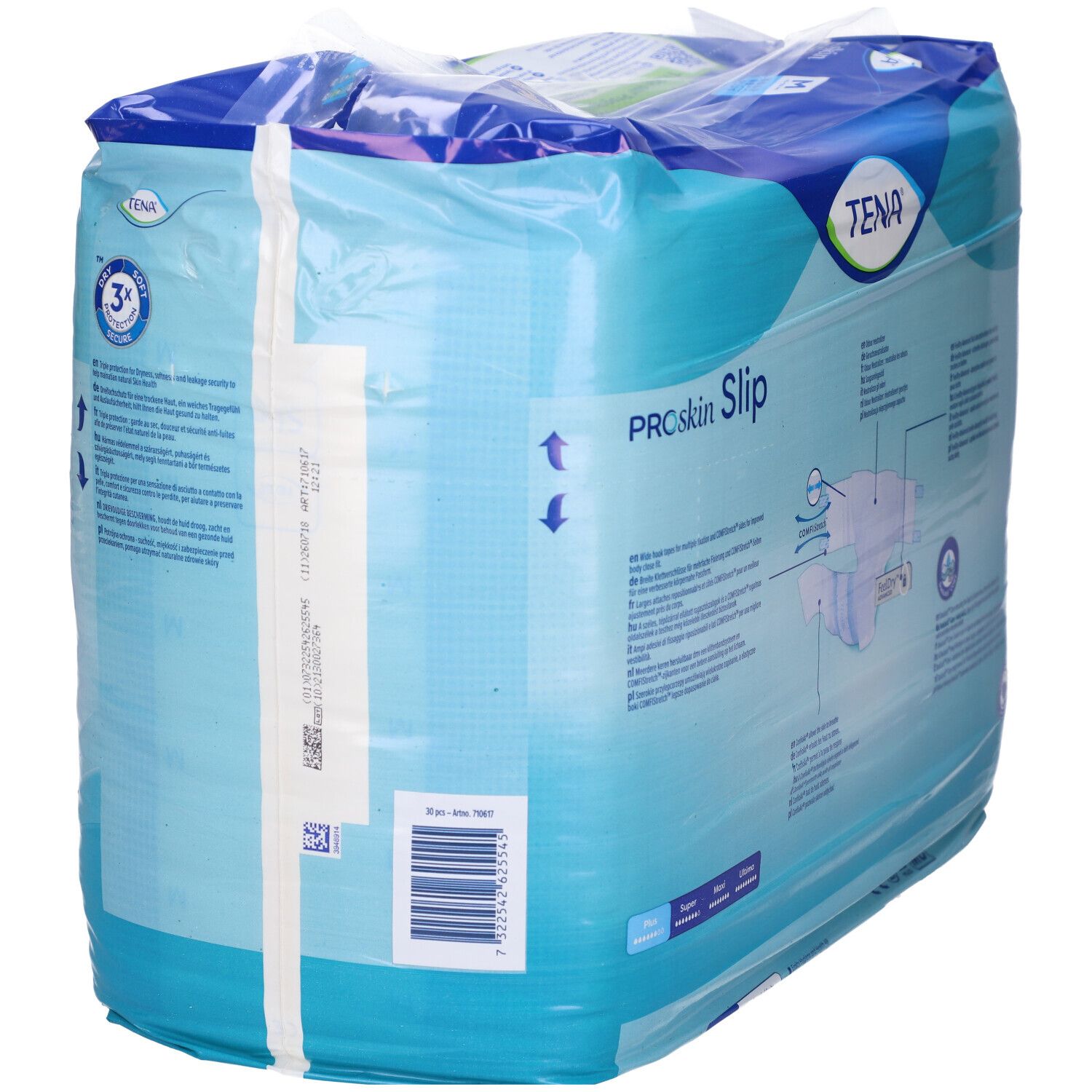 Tena ProSkin Slip Plus, taglia M, 30 pezzi. Vista laterale della confezione con codice a barre e caratteristiche del prodotto.