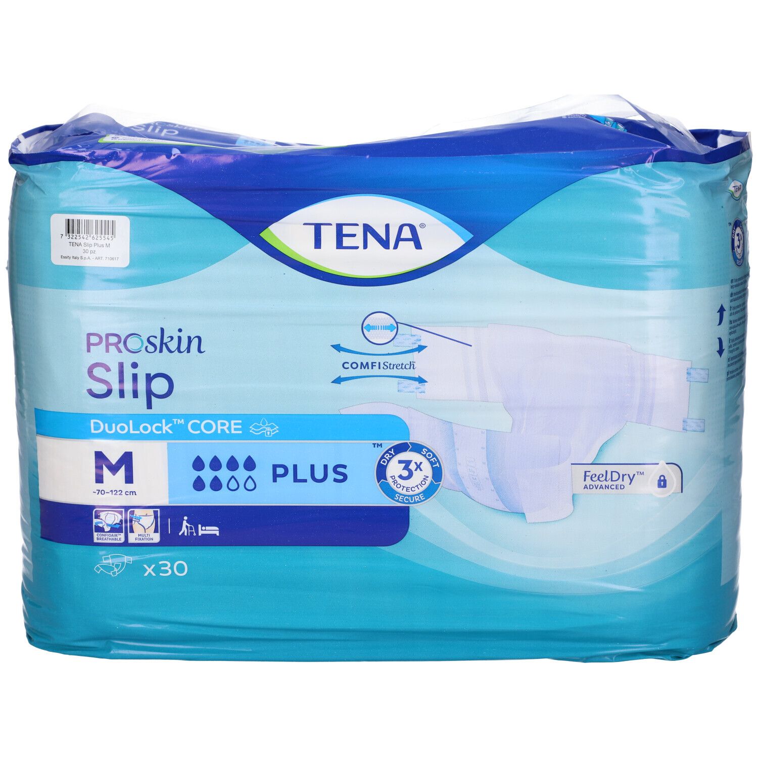 Tena ProSkin Slip Plus, taglia M, 30 pezzi. Fronte della confezione con logo e indicazione della taglia.