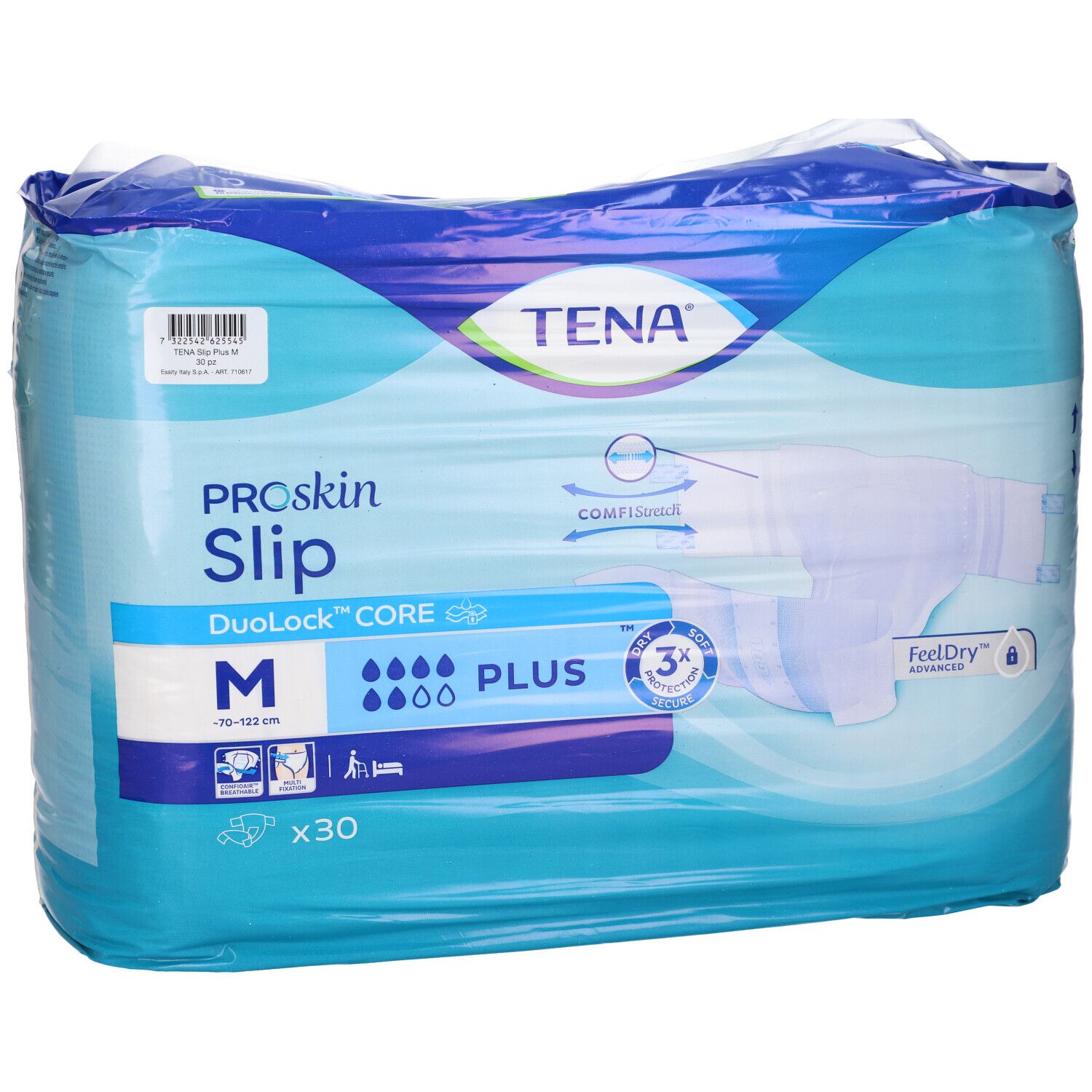 Tena ProSkin Slip Plus, taglia M, 30 pezzi. Confezione con focus sulle tecnologie chiave e l'assorbenza.