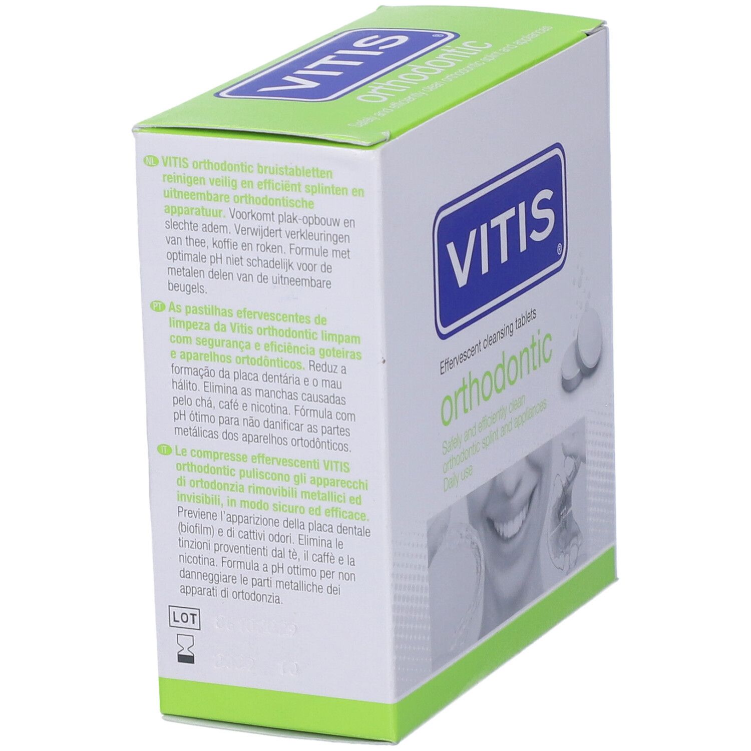 Scatola Vitis orthodontic. Compresse effervescenti per ortodonzia. Testo multilingue. Due compresse.