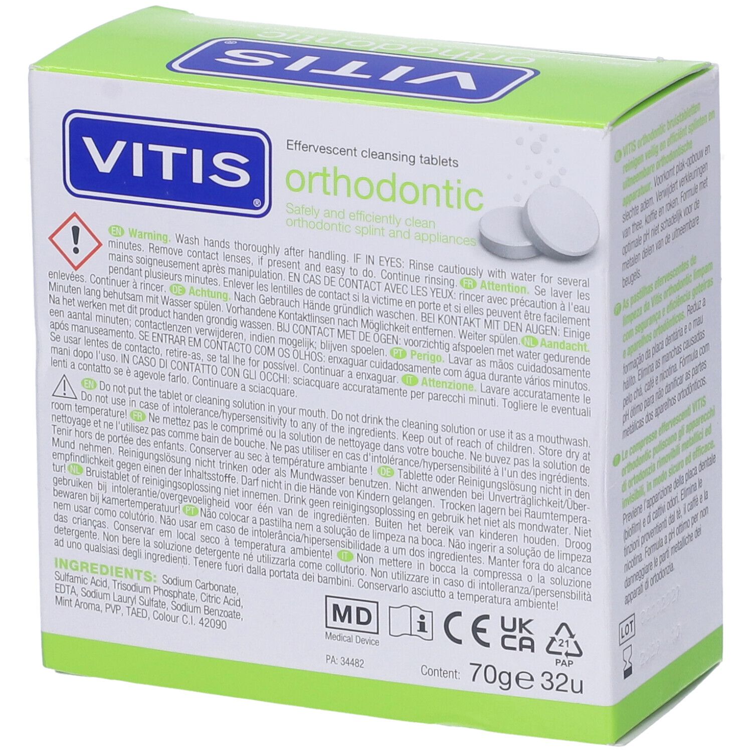 Scatola Vitis orthodontic. Compresse effervescenti per ortodonzia. Testo multilingue. Informazioni sul contenuto.
