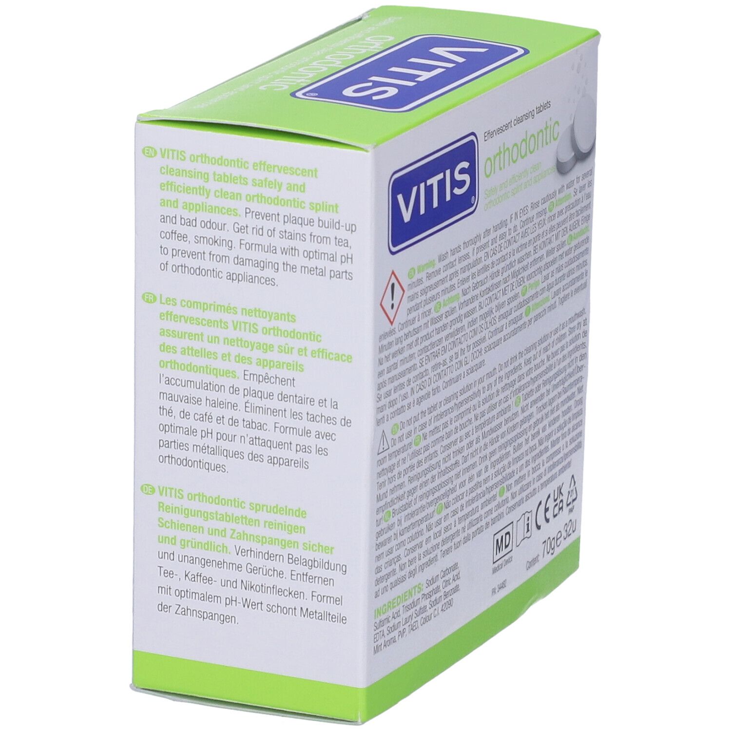 Scatola Vitis orthodontic. Compresse effervescenti per ortodonzia. Testo multilingue. Avvertenza.
