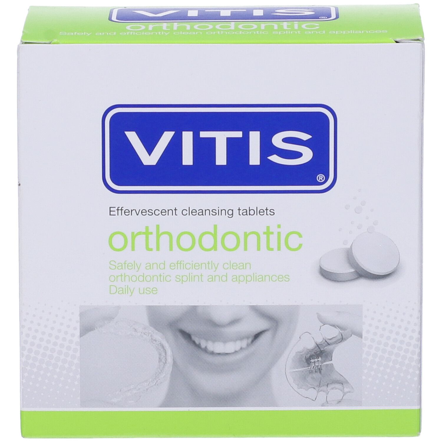 Scatola Vitis orthodontic. Compresse effervescenti per ortodonzia. Due compresse. Sorriso.