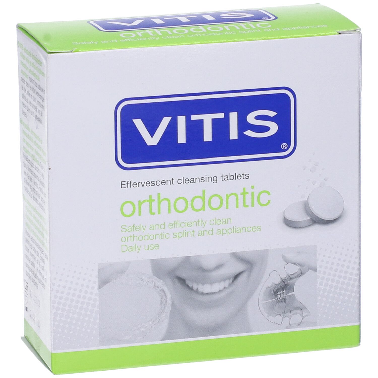 Scatola Vitis orthodontic. Compresse effervescenti per ortodonzia. Due compresse. Sorriso.