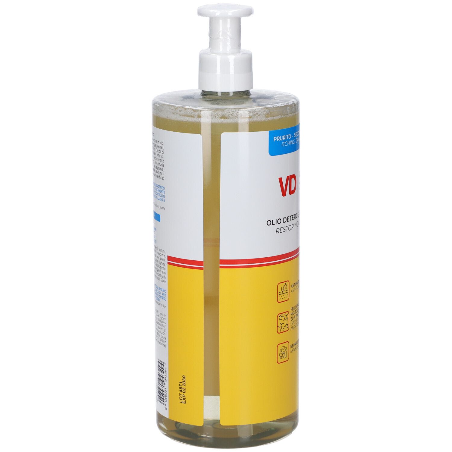 Liquido trasparente in flacone con pompa trasparente, etichetta gialla e striscia rossa.
