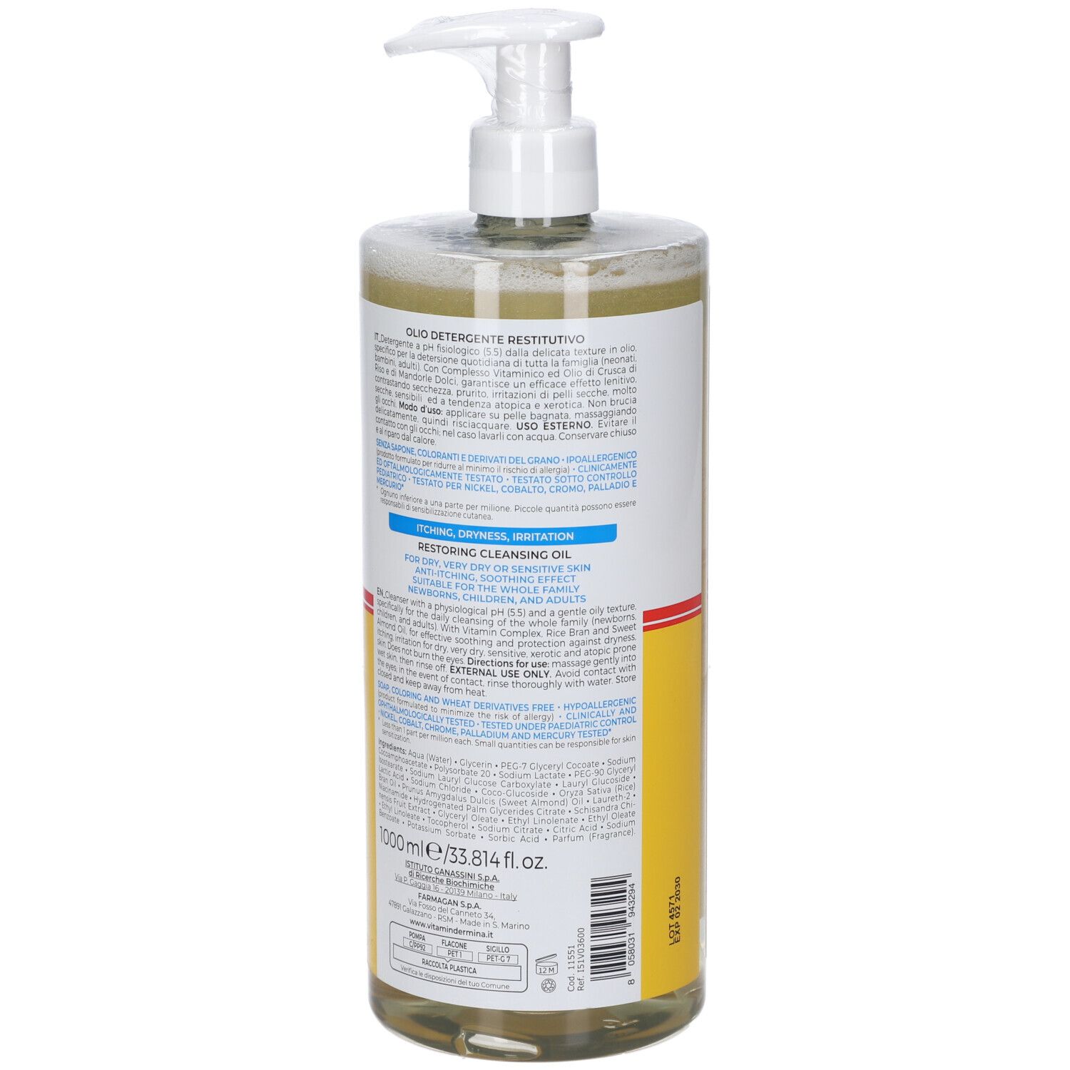 Flacone da 1000ml con pompa dosatrice, contenente un olio detergente giallastro.