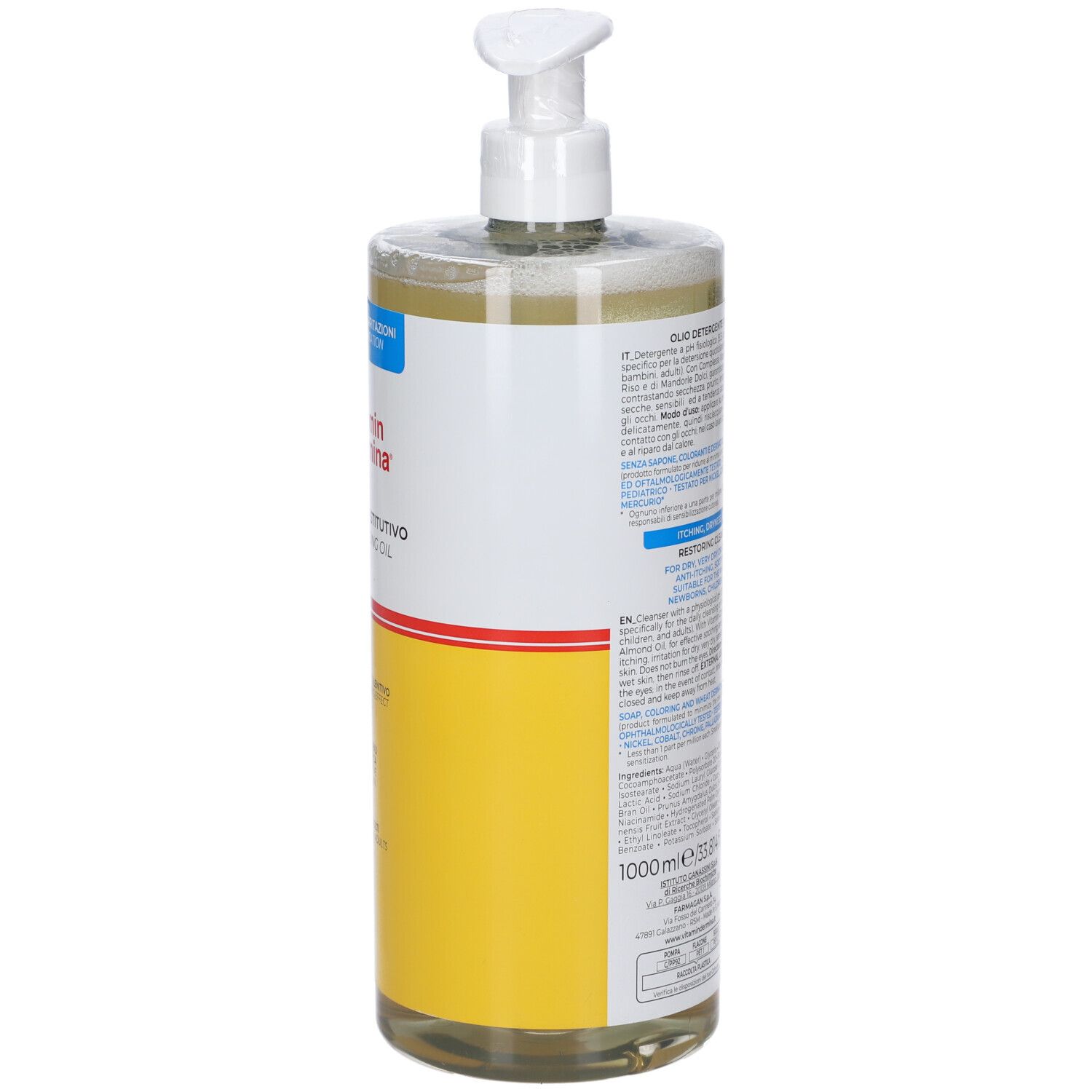 Flacone da 1000ml con dispenser a pompa, etichette gialle e bianche con testo.
