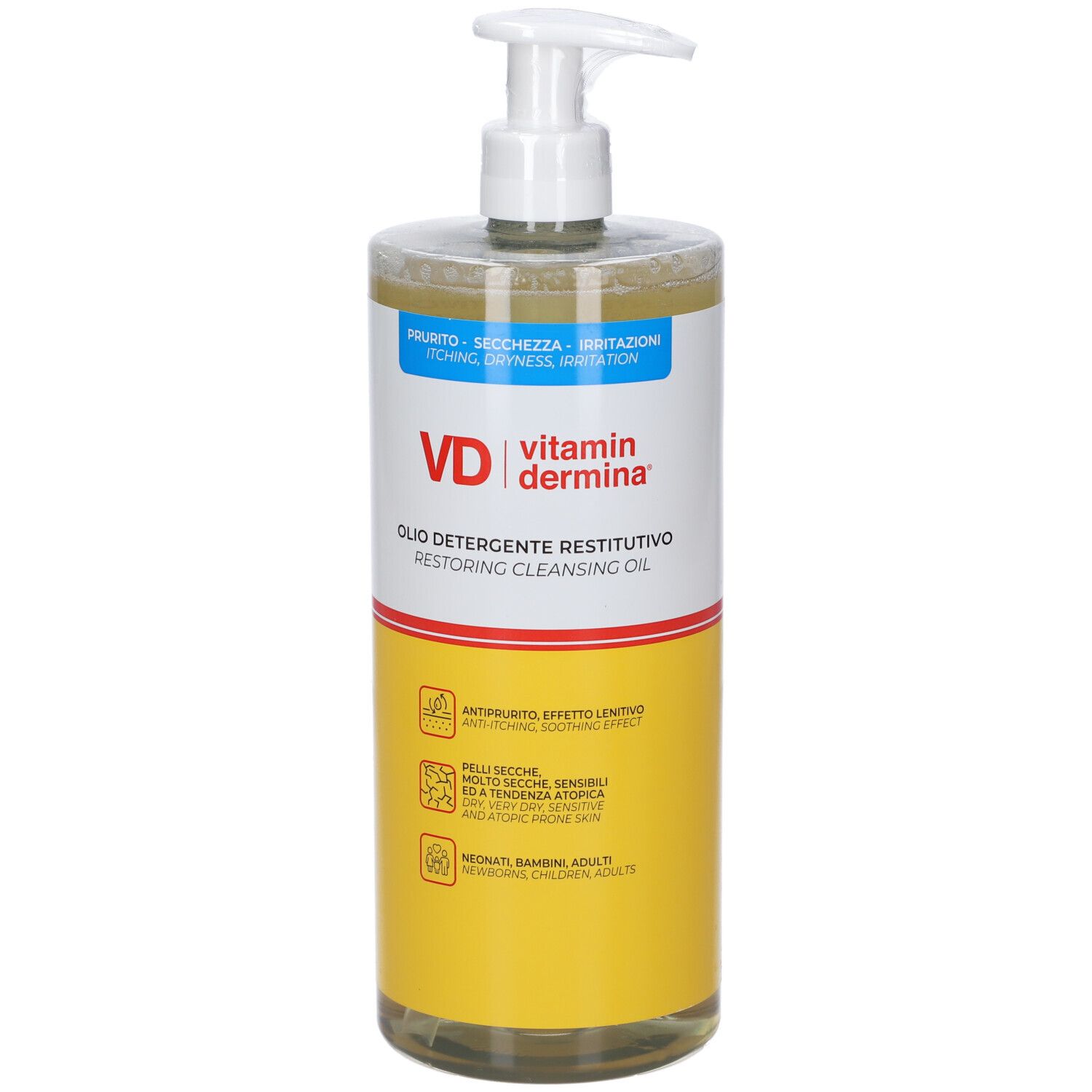 Flacone con dispenser a pompa: Olio detergente restitutivo Vitamin Dermina.