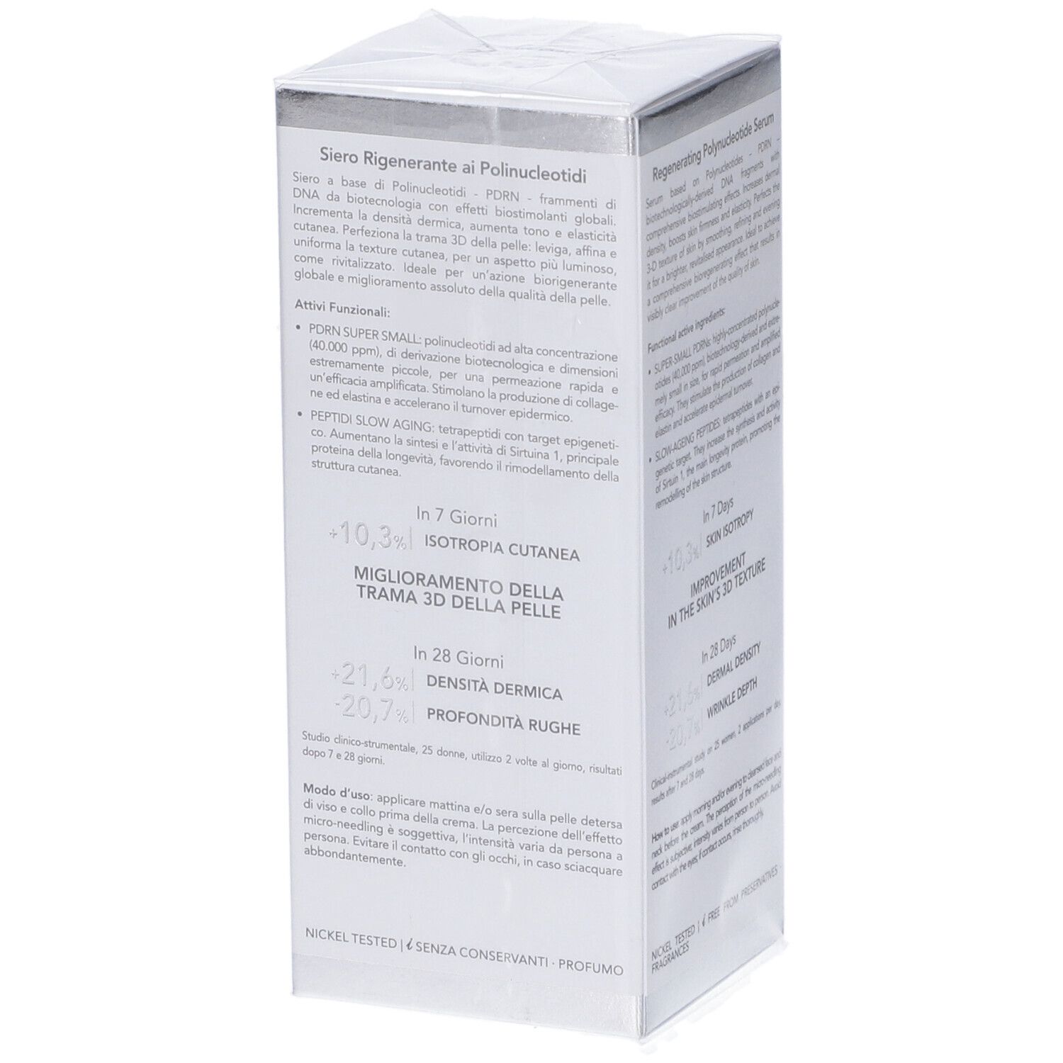 Bionike PDRN Microinject Siero: Siero rigenerante ai polinucleotidi, 40.000 ppm. Confezione bianca con dettagli argentati.