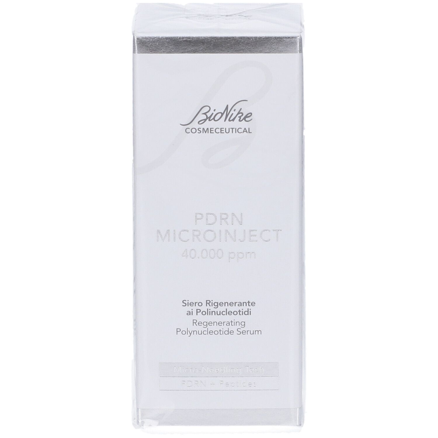 Bionike PDRN Microinject Siero: Siero rigenerante ai polinucleotidi, 40.000 ppm. Confezione bianca con dettagli argentati.