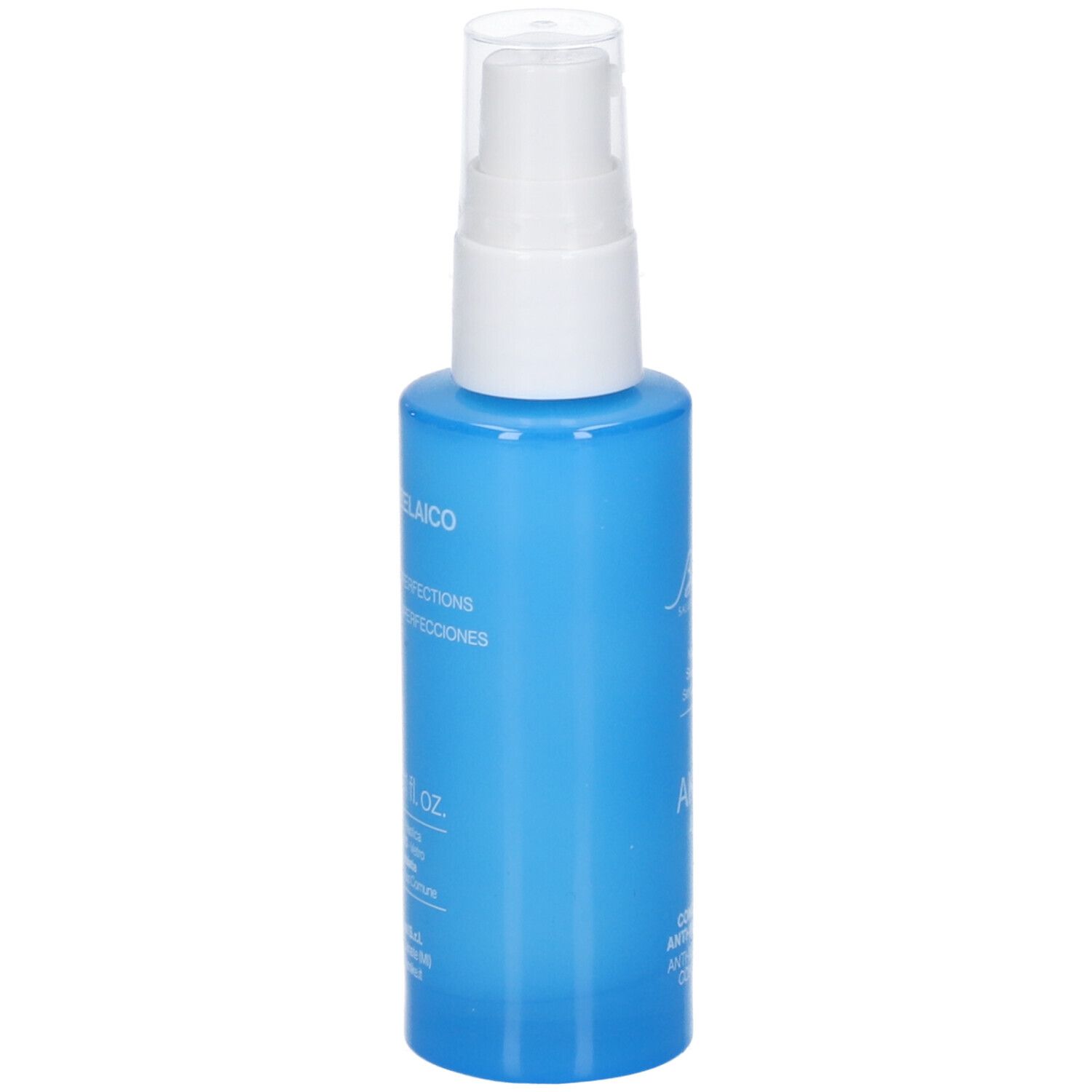 Retro di un flacone spray blu con erogatore bianco. Contiene Aknet Aza17 Concentrato Anti Imperfezioni.