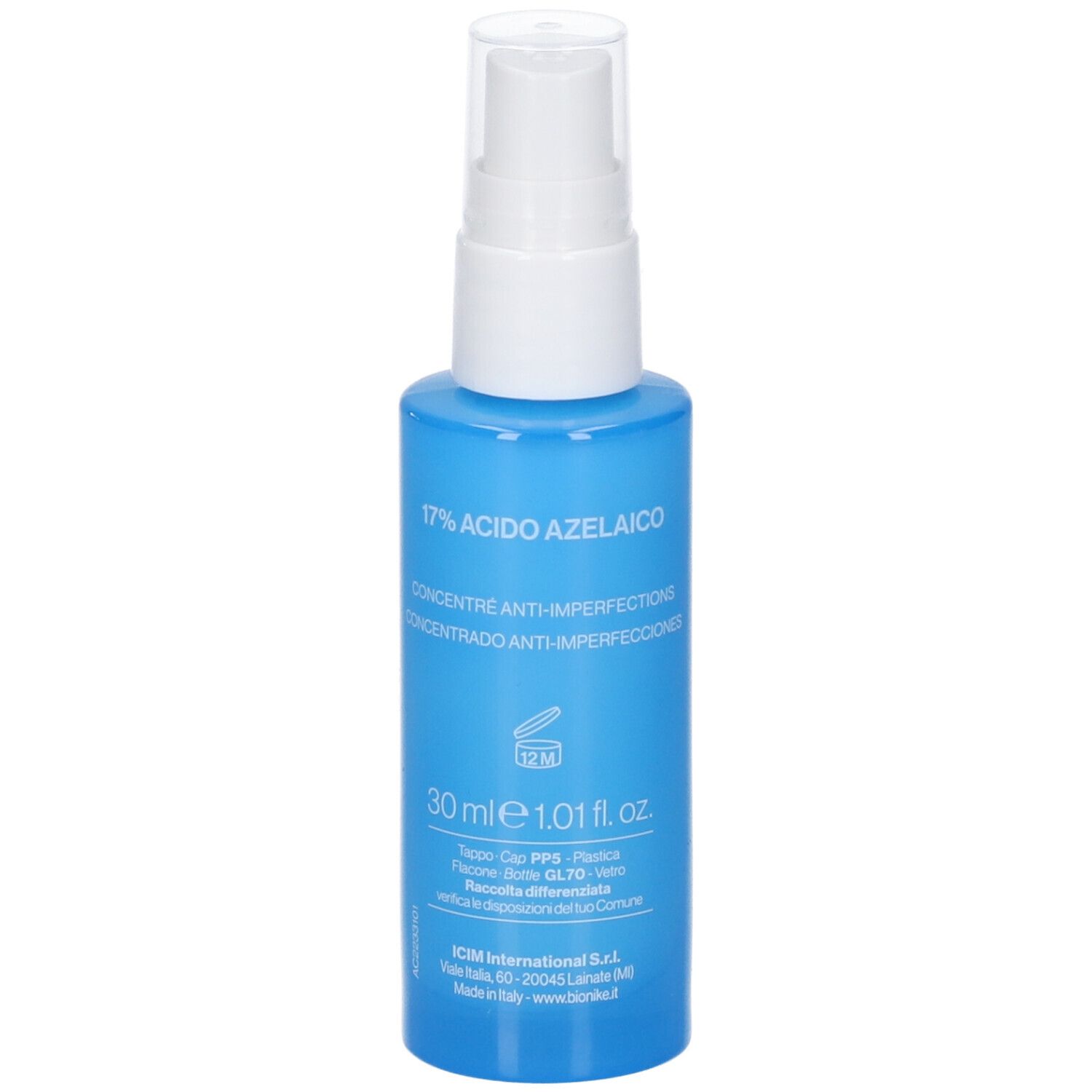 Flacone spray blu con erogatore bianco. 30ml. Contiene Aknet Aza17 Concentrato Anti Imperfezioni.