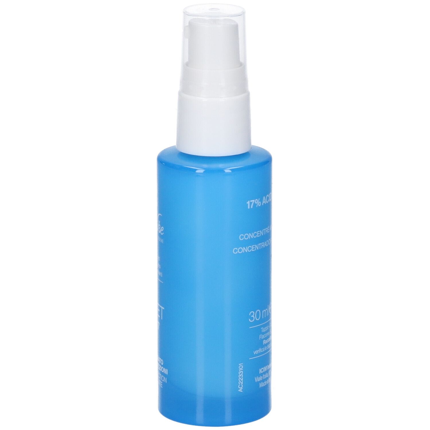 Vista laterale di un flacone spray blu con erogatore bianco. Contiene Aknet Aza17 Concentrato Anti Imperfezioni.