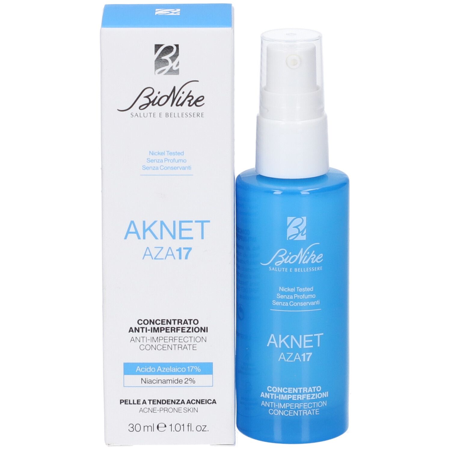 Aknet Aza17 Concentrato Anti Imperfezioni in flacone spray blu e scatola. 30ml.