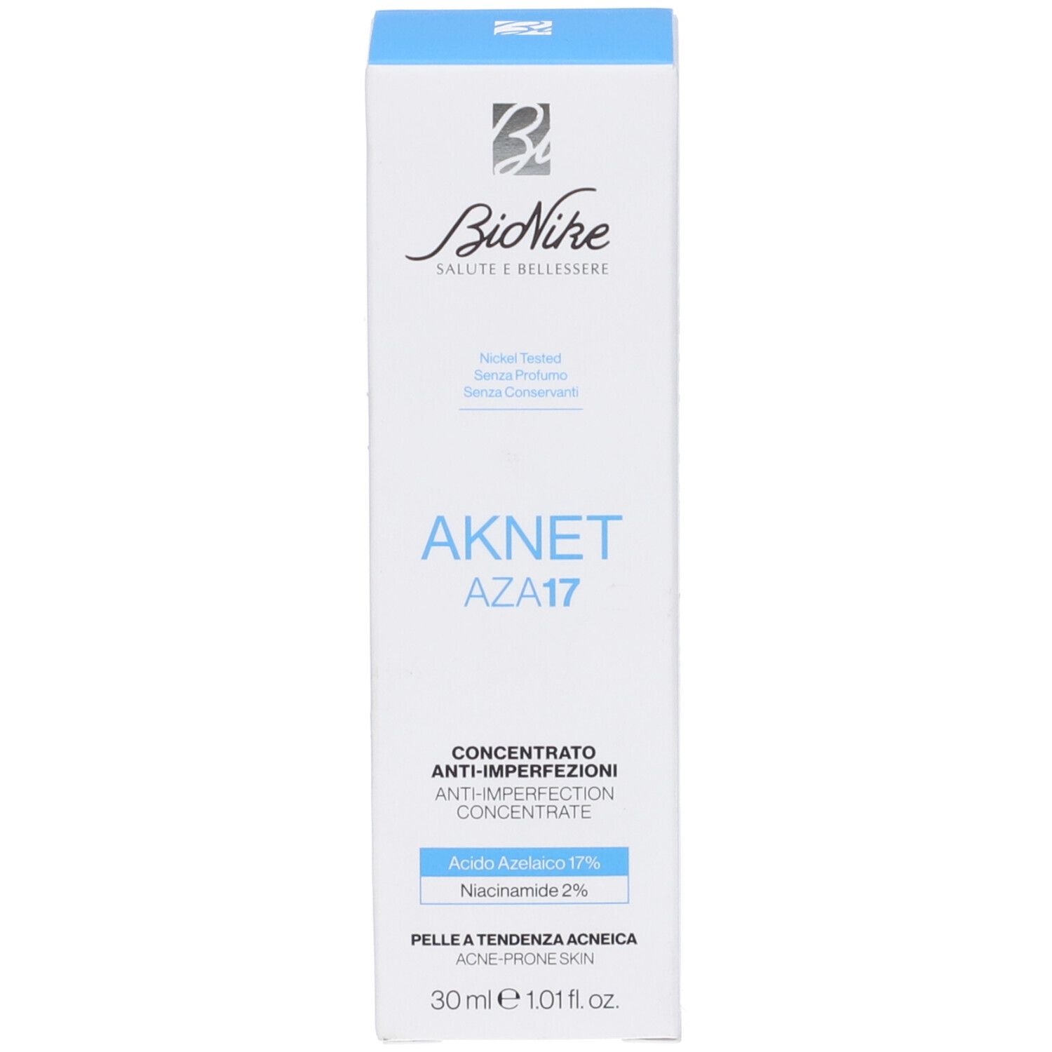 Scatola per Aknet Aza17 Concentrato Anti Imperfezioni. Contiene 30ml.