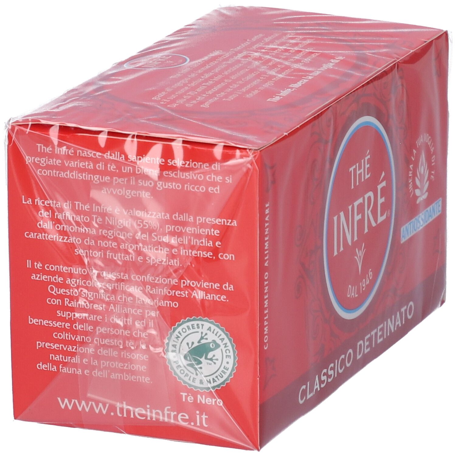 Confezione rossa Bonomelli The' Infre' Classico Deteinato con informazioni dettagliate sul prodotto e sigillo Rainforest Alliance.