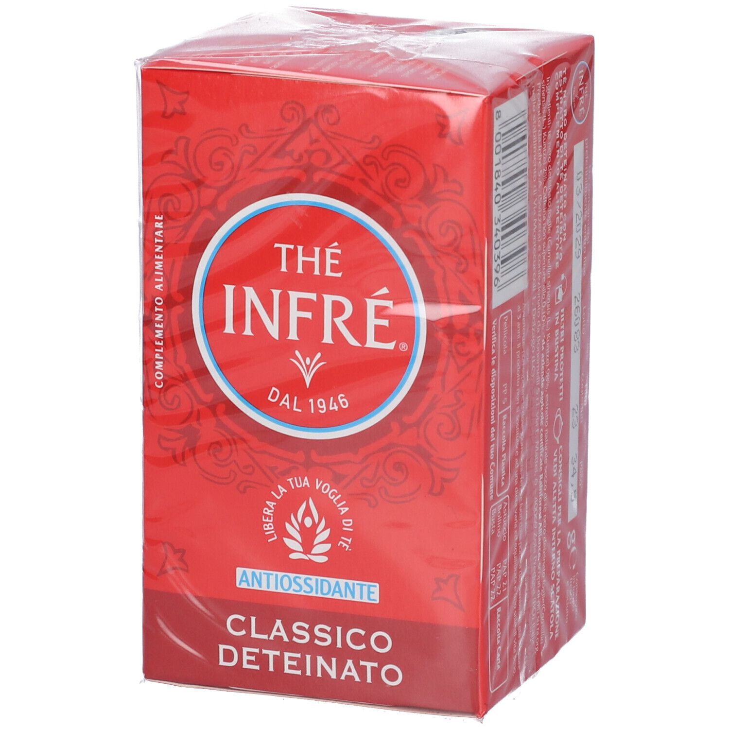 Confezione Bonomelli The' Infre' Classico Deteinato, fronte rosso con logo, testo e indicazione Antiossidante.