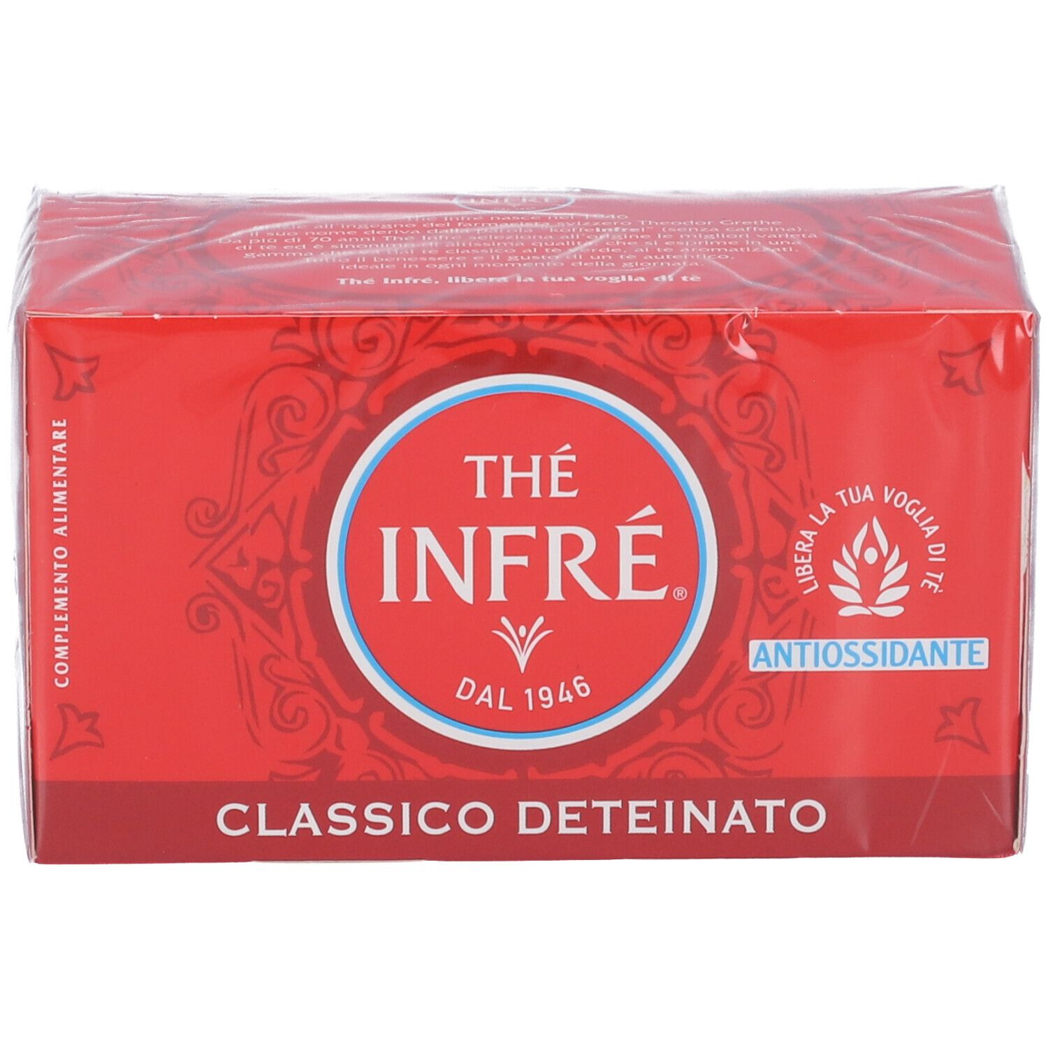 Confezione Bonomelli The' Infre' Classico Deteinato, fronte rosso con logo e testo.