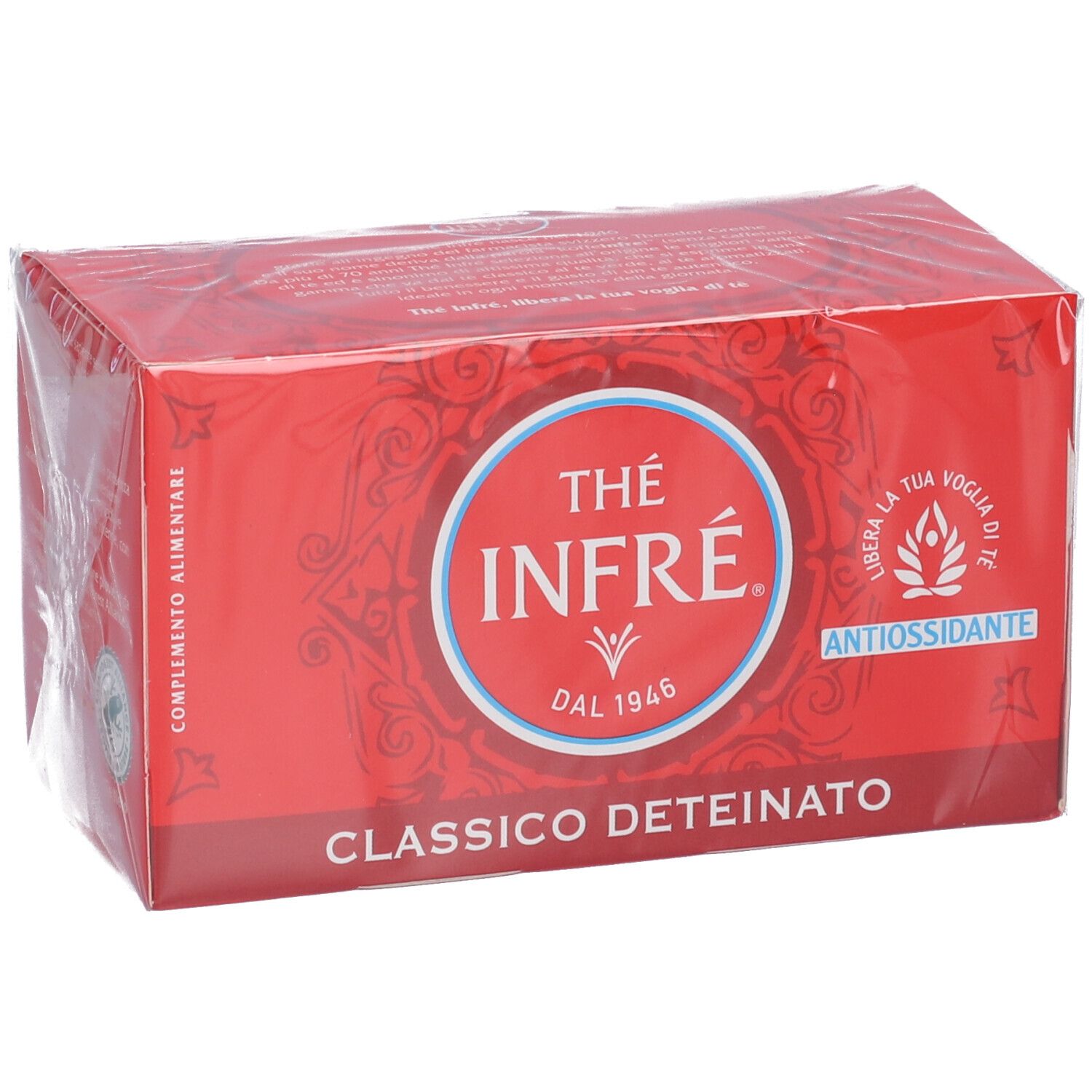 Confezione rossa Bonomelli The' Infre' Classico Deteinato, fotografata leggermente di tre quarti anteriore.