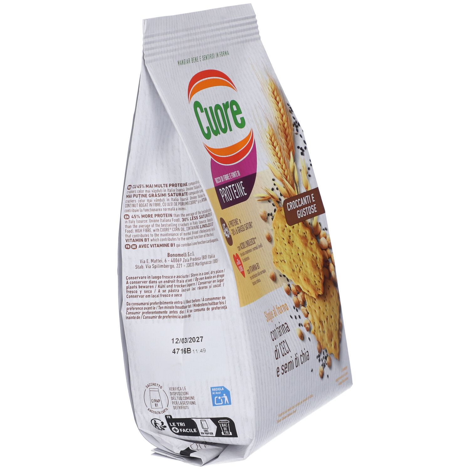 Cuore Sfoglie al Forno: Retro confezione con informazioni nutrizionali e ingredienti. Farina di ceci e semi di chia.