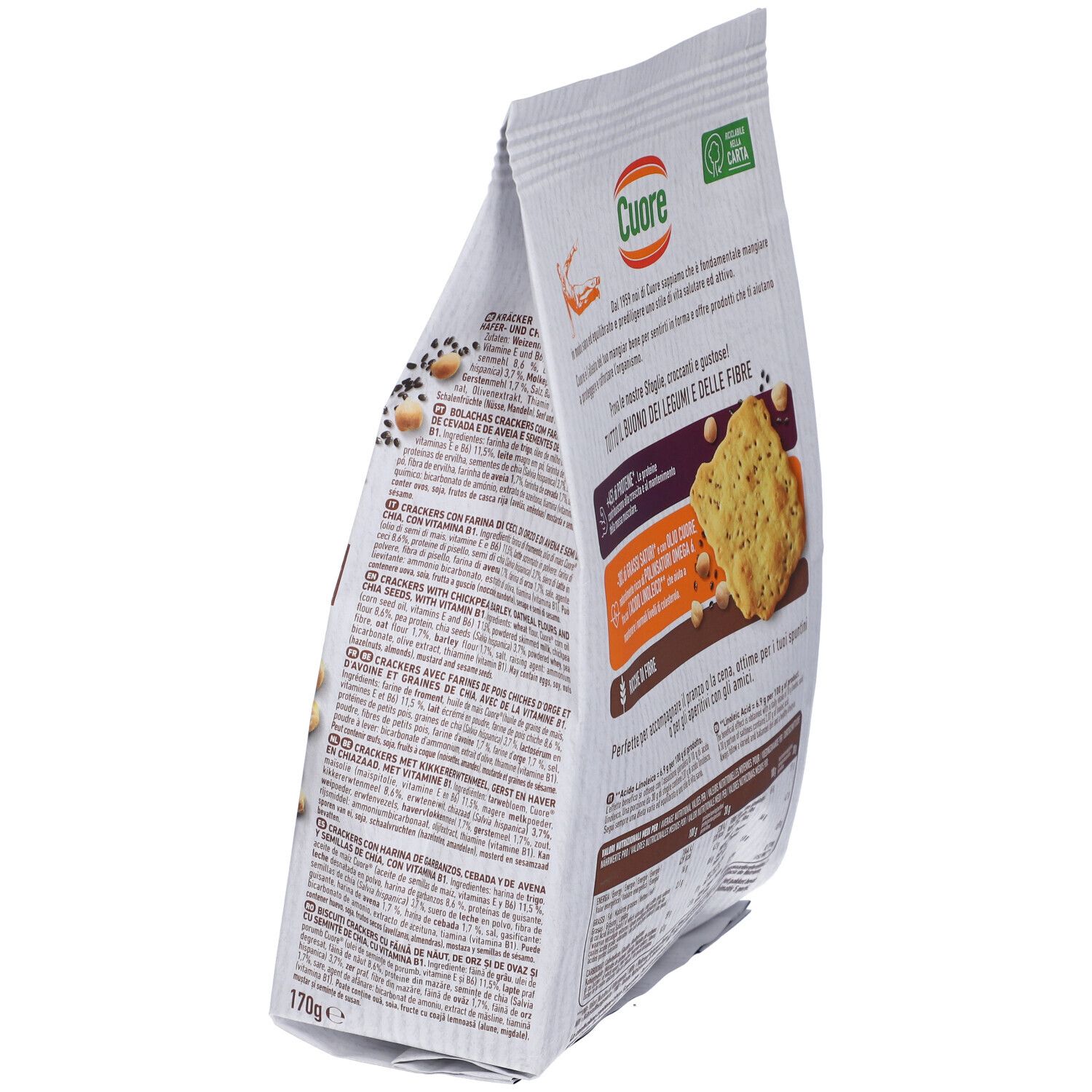 Cuore Sfoglie al Forno: Vista laterale della confezione. Farina di ceci e semi di chia. Ricche di fibre e proteine.