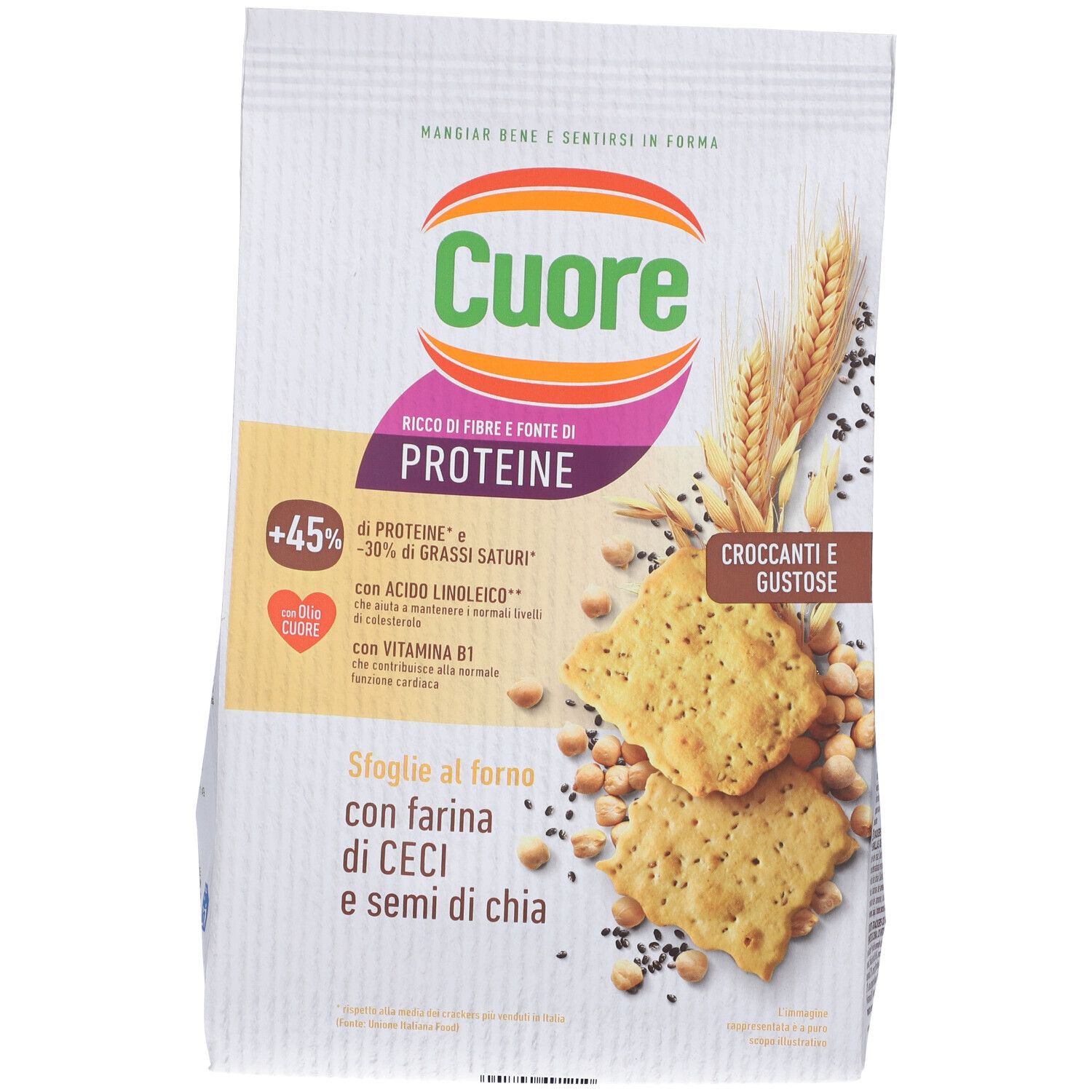 Cuore Sfoglie al Forno: Fronte confezione con immagine prodotto. Farina di ceci e semi di chia.