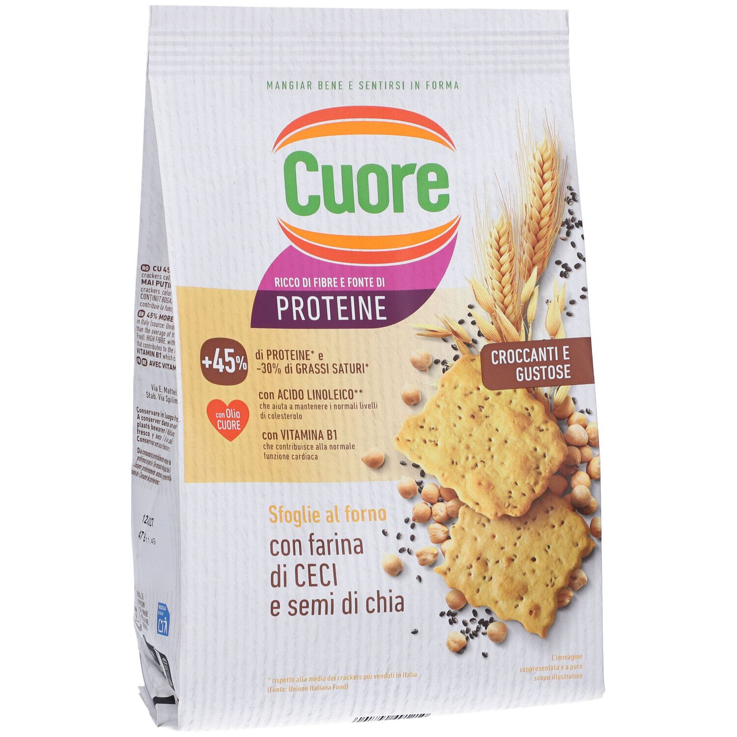 Cuore Sfoglie al Forno: Dettaglio confezione. Farina di ceci e semi di chia. Ricche di fibre e proteine.